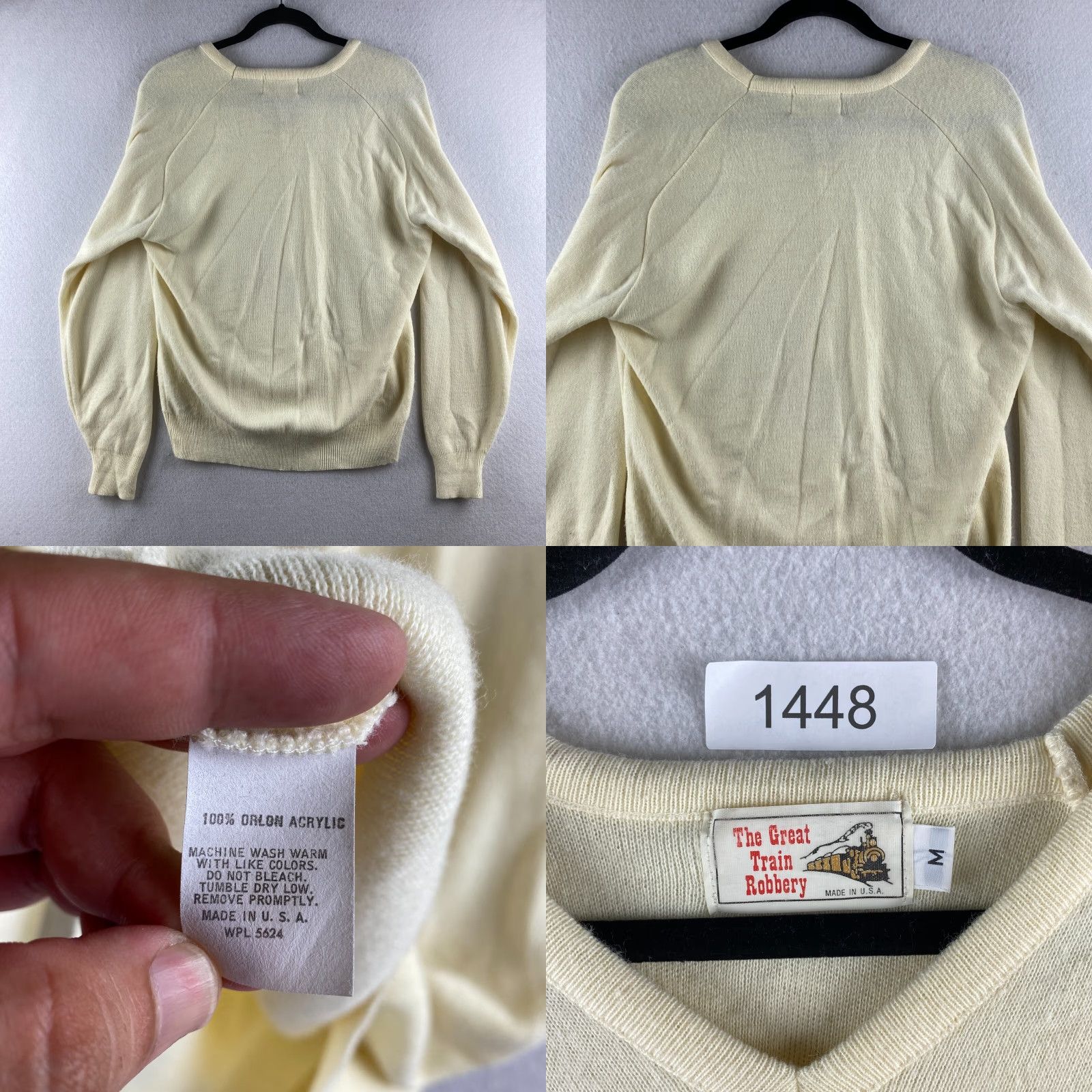 THE GREAT VINTAGE The Great Train Robbery Sweater Womens M Knit Pullover Long Sleeve V-Neck Beige 70s 80s Logo Accents Casual Size M / US 6-8 / IT 42-44 - 8 Thumbnail