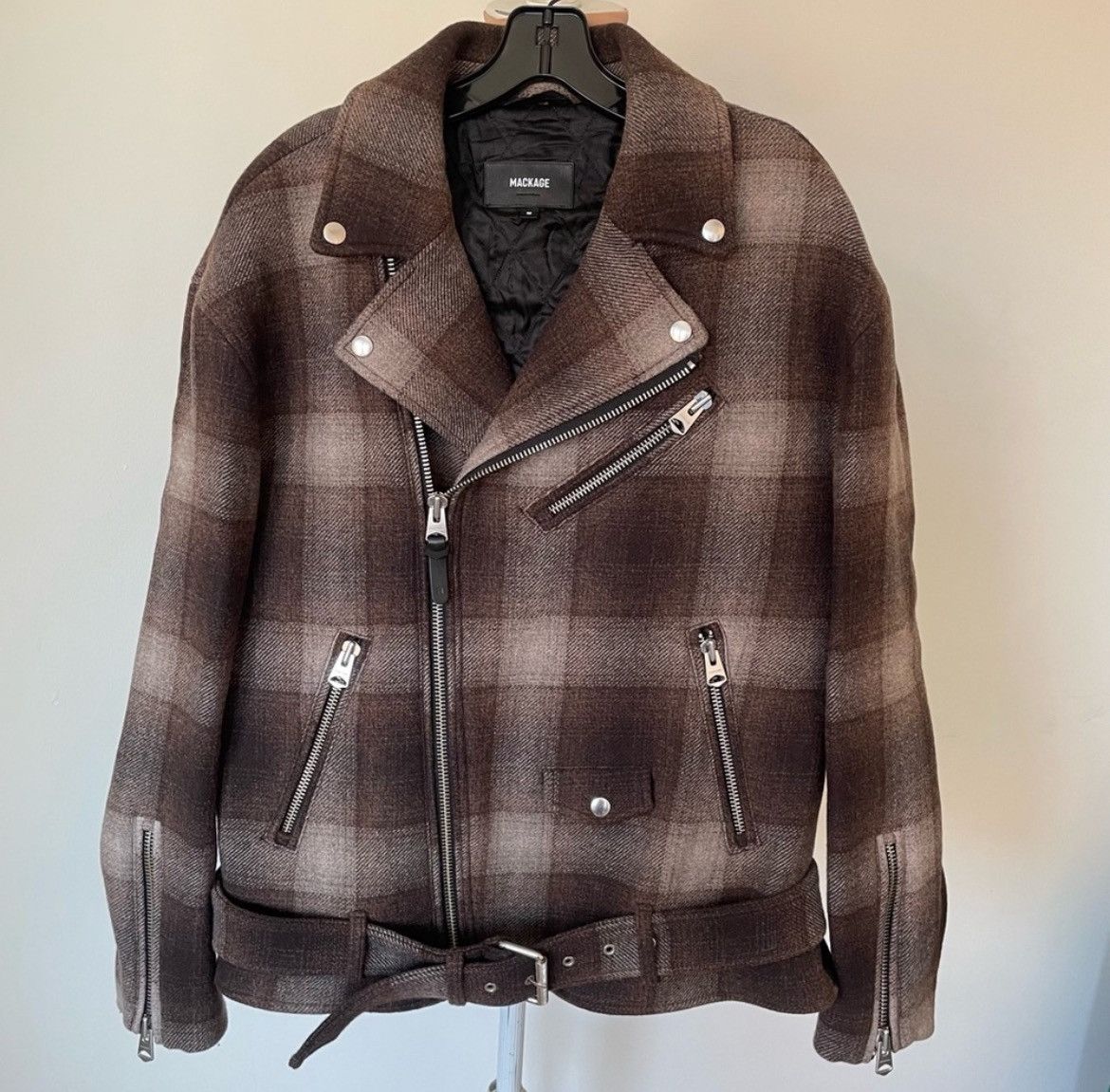 Mackage Men’s Clement Brown Plaid Biker Motorcycle Jacket