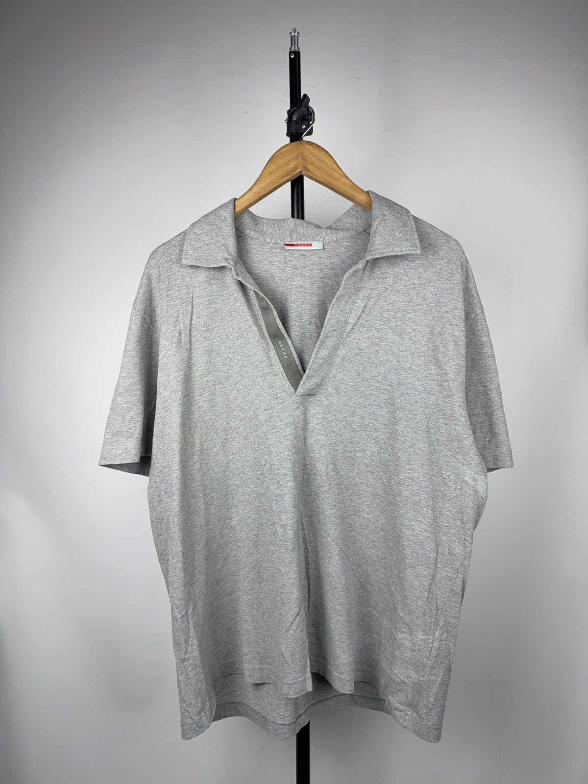 Prada Grey Cotton V-Neck Polo Japan Market Minimal Luxury