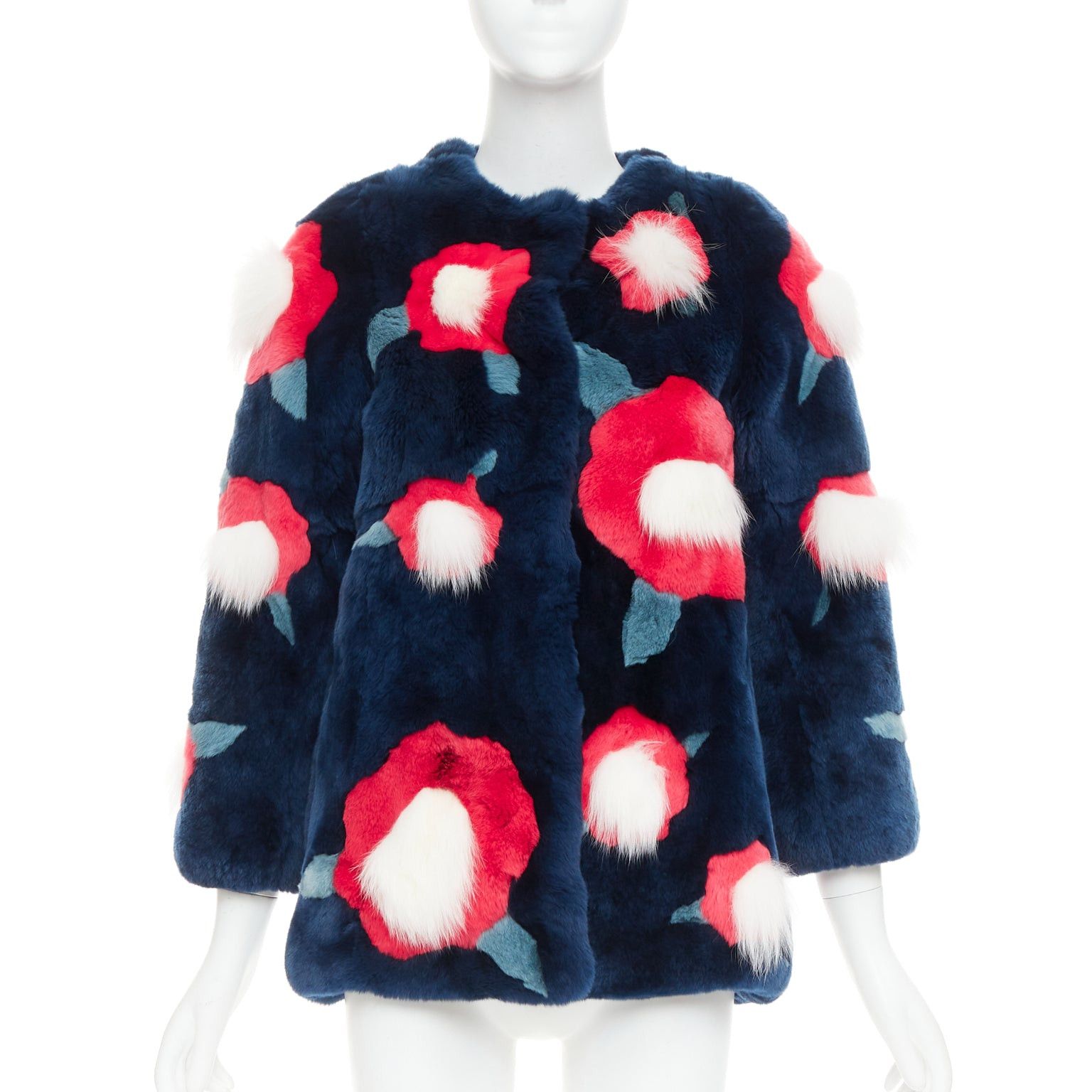 YVES SALOMON KIDS navy rabbit mink floral patchwork coat Yr10 XS
