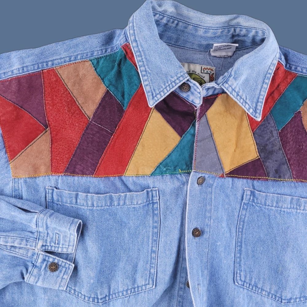 Denime VINTAGE Dont Stop Shirt Mens Medium Blue Denim Jean Long Sleeve Button Leather Patch Geo 70s Cowboy Hippie Hipster Motorcycle Outdoor Tribal Western"} Size US M / EU 48-50 / 2 - 1 Thumbnail