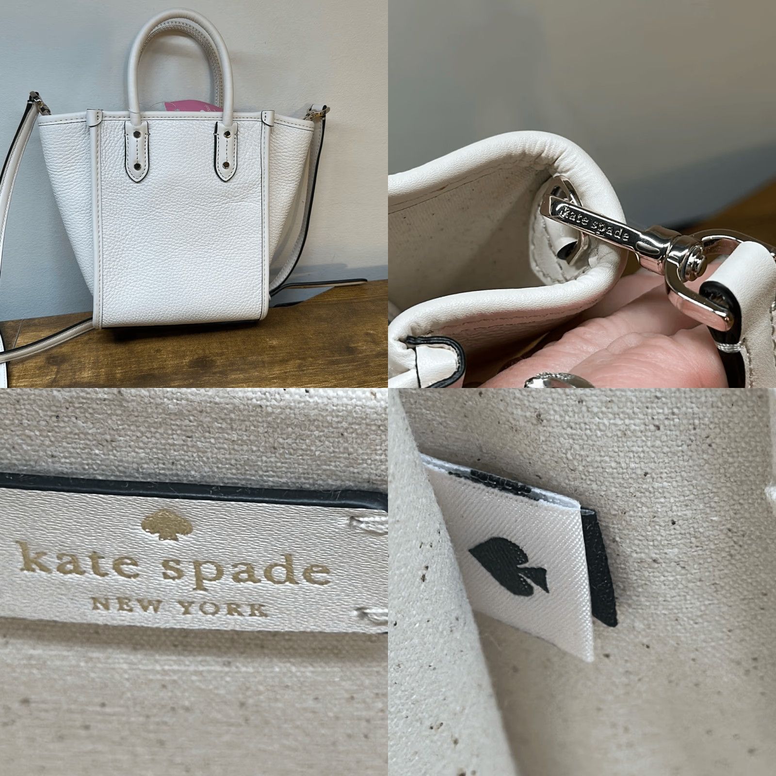 Vintage Kate Spade Mini Tote Bag Pebbled Leather Cream Beige Parchment Black Exterior Cream Handbag NEW with tags Crossbody Women Medium Purse MSRP 299 Size ONE SIZE - 8 Thumbnail