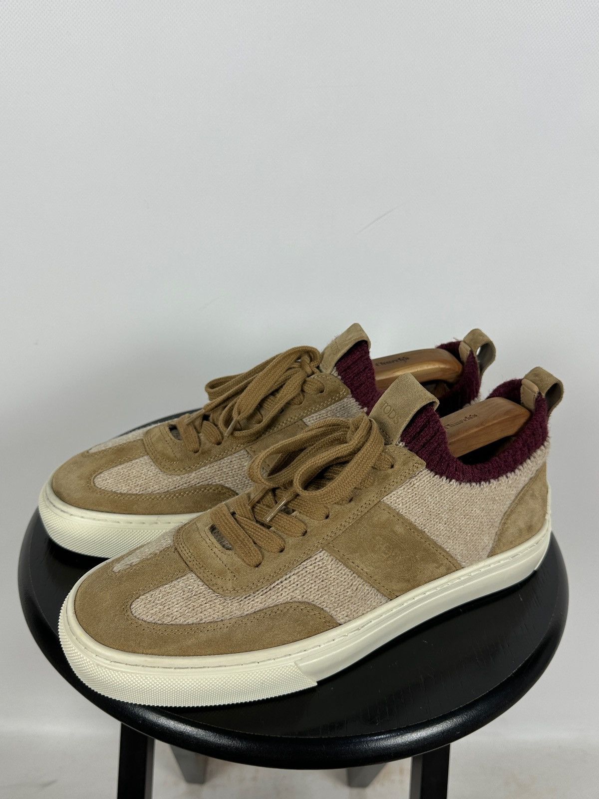 Tod's Tod’s Knit Suede Beige/Burgundy Low Top Lace Up Sneakers Size US 9 / EU 42 - 8 Thumbnail