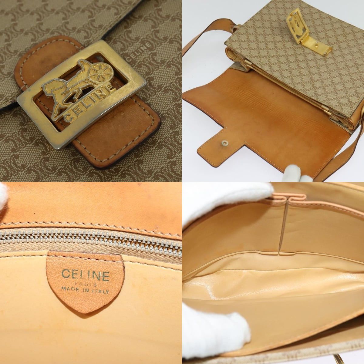 Celine CELINE Macadam Canvas Horse Carriage Shoulder Bag Beige Gold Size ONE SIZE - 11 Thumbnail
