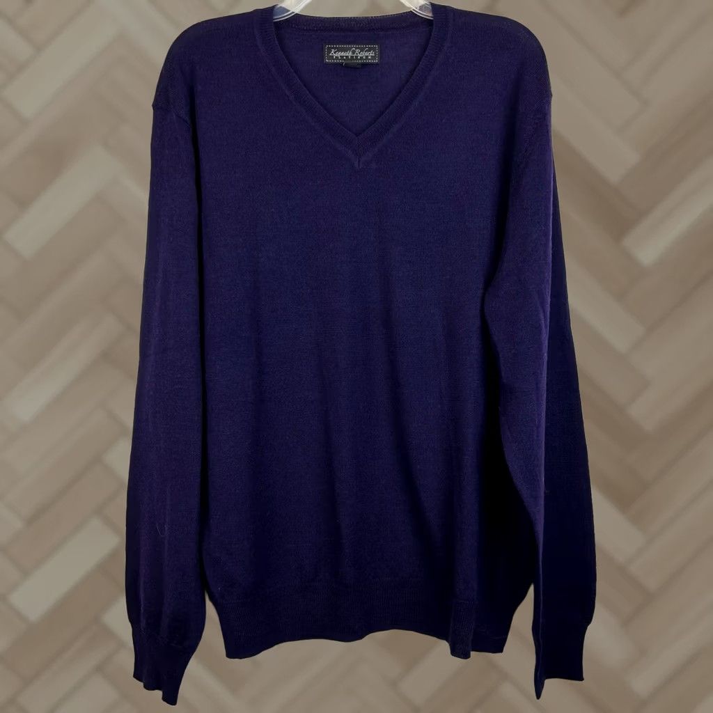Vintage Kenneth Roberts Platinum Sweater Mens L Purple Wool V-Neck Knit Pullover Long Sleeve Casual Striped - Size US L / EU 52-54 / 3 - 1 Thumbnail