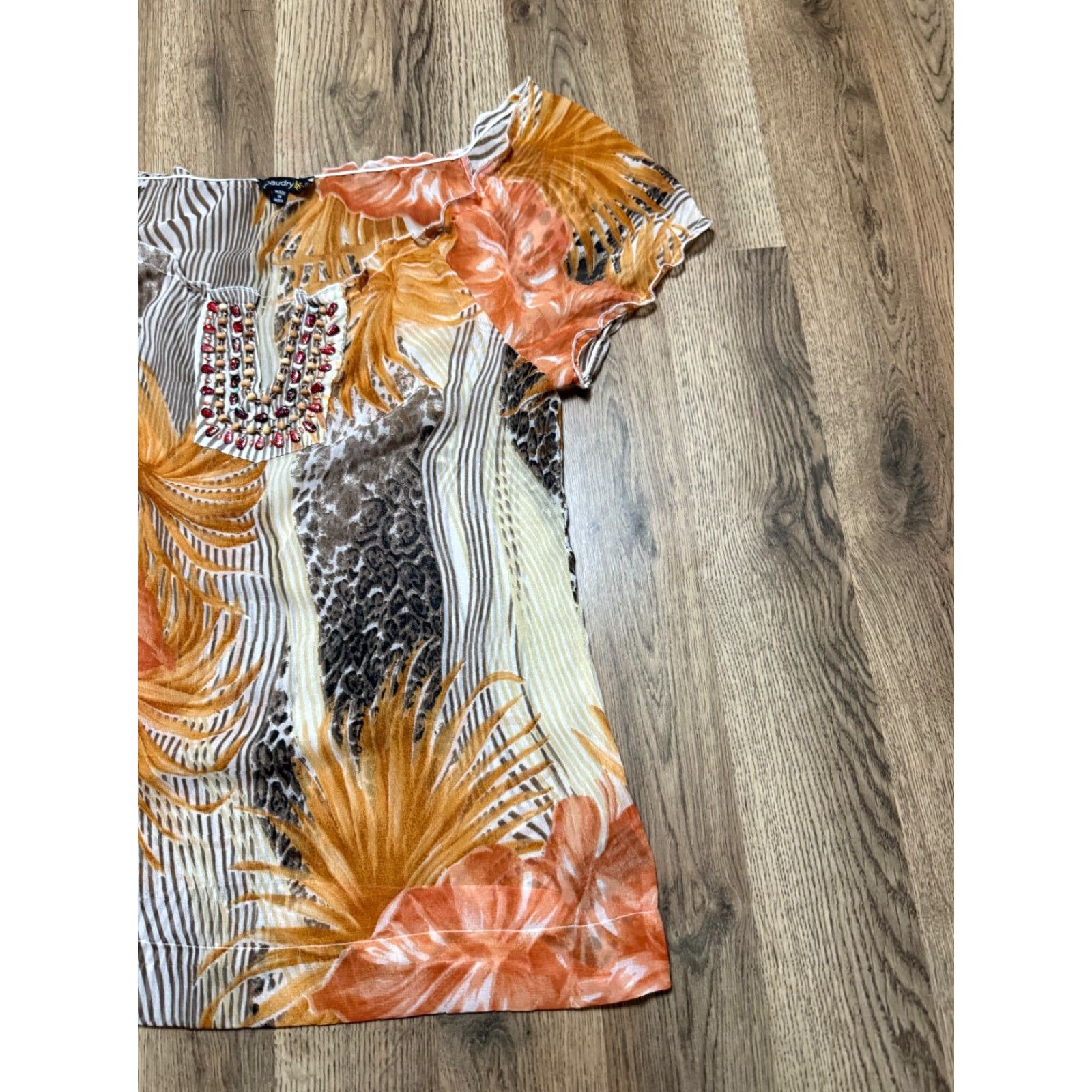 Vintage Chaudry KC Blouse Women L Orange Brown White V-neck Beads Cap Sleeve Casual Modern Cotton-Shirt Size L / US 10 / IT 46 - 4 Thumbnail