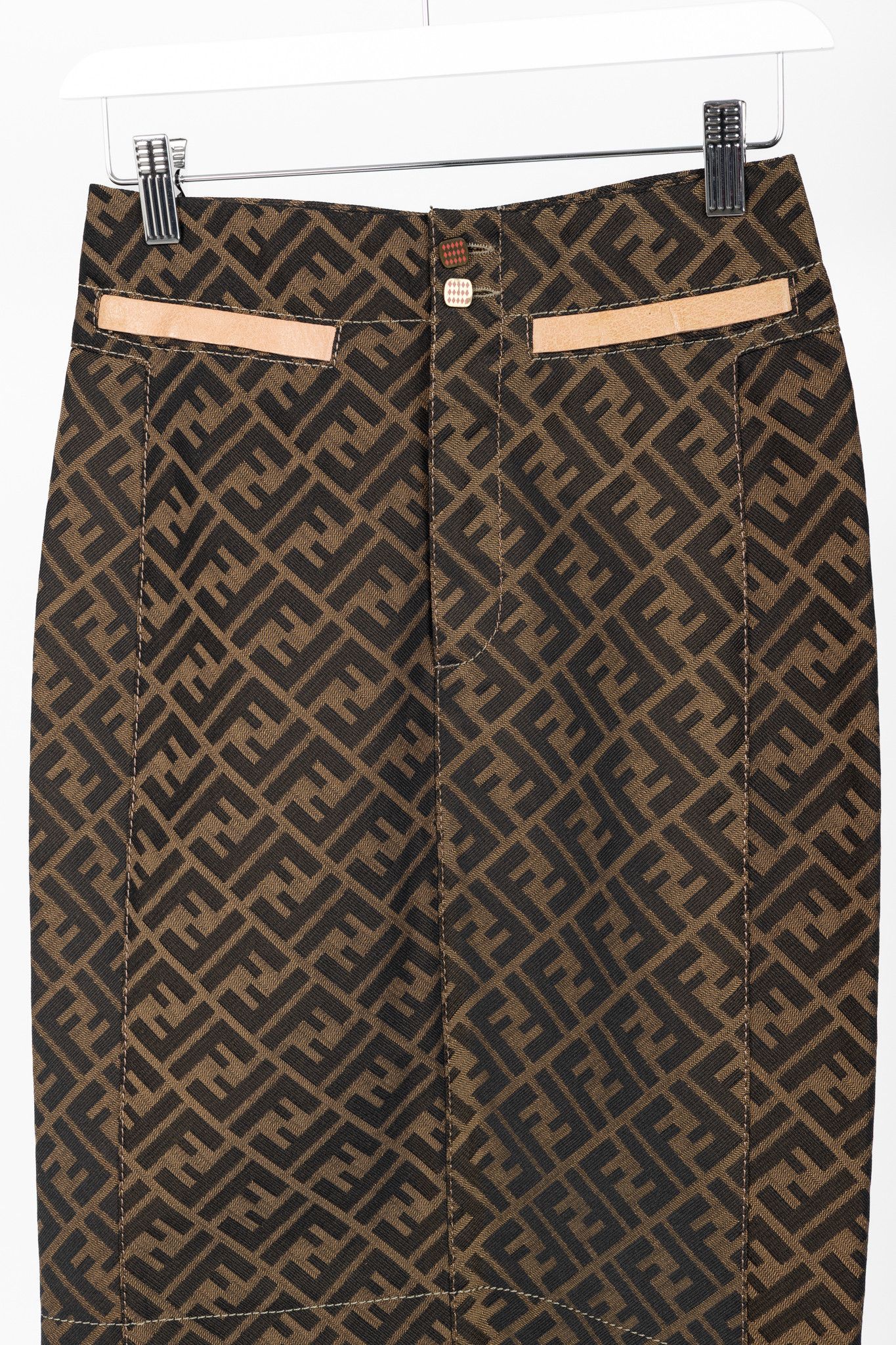 Fendi Fendi Brown Zucca-Monogram Leather-Trim Pencil Skirt Size 27" / US 4 / IT 40 - 3 Thumbnail