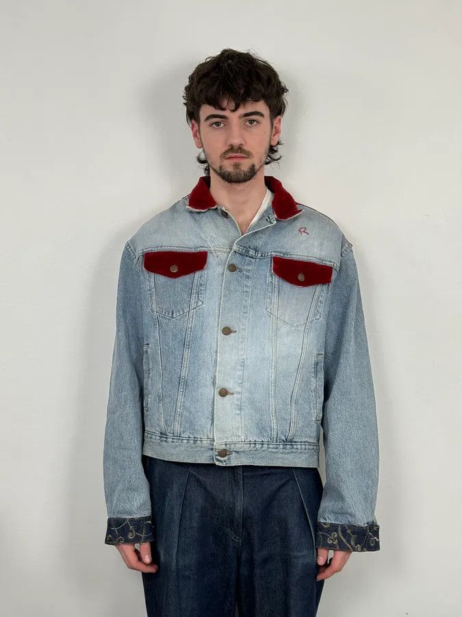 Katharine Hamnett London 1980s Katherine Hamnett Blue Denim Floral Jacket with Red Velvet Size US M / EU 48-50 / 2 - 2 Thumbnail