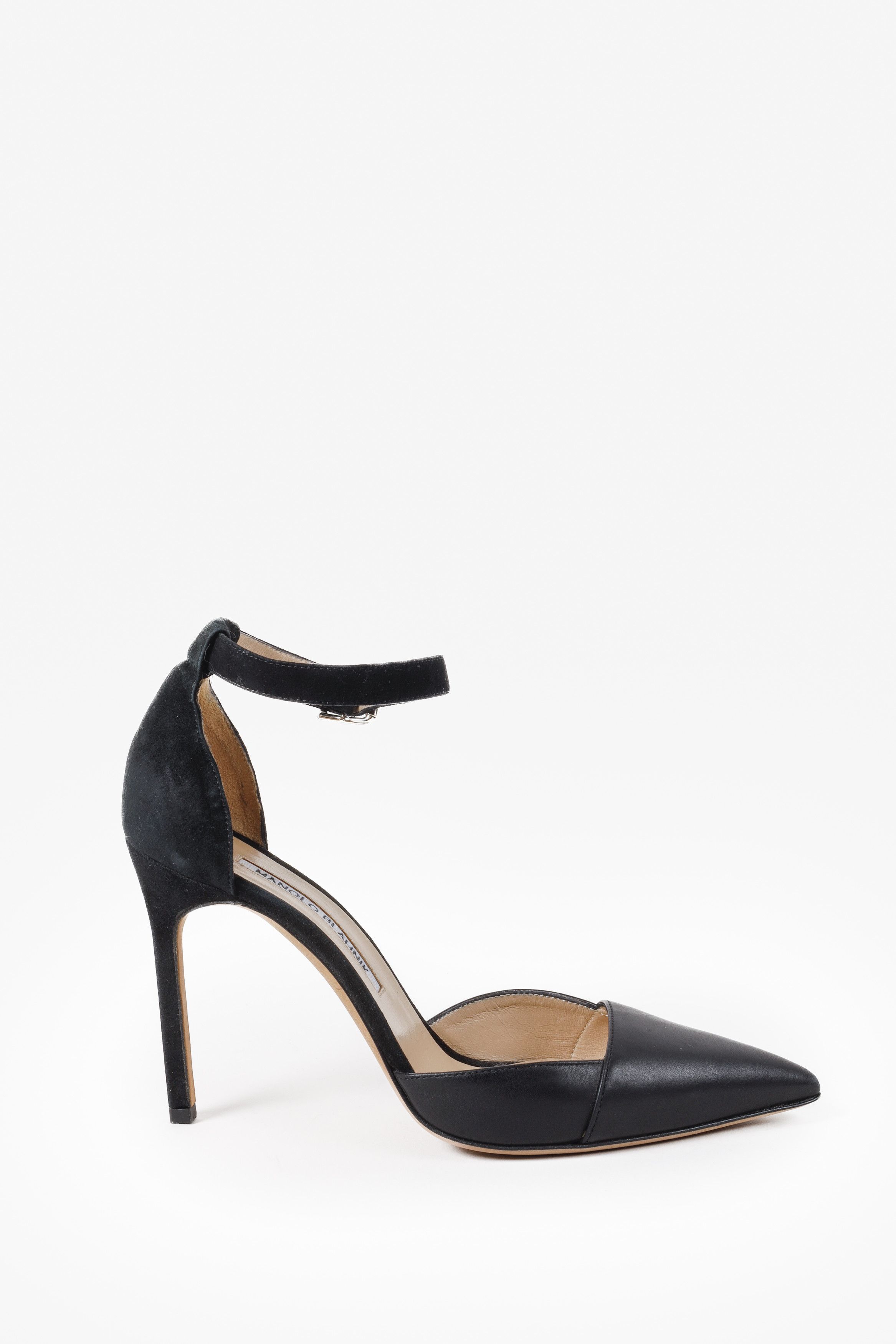 Manolo Blahnik Black Suede and Leather Ankle Strap Pumps