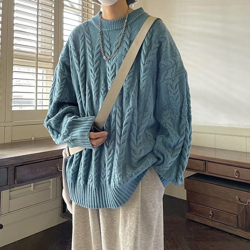 image of Coloured Cable Knit Sweater Blue Cable Knit Sweater, Men's (Size Medium)
