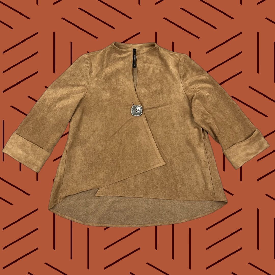 Vintage IC by CONNIE K Jacket Womens Large Brown Faux Suede Swing Asymmetric One Button Jacket Size L / US 10 / IT 46 - 1 Thumbnail