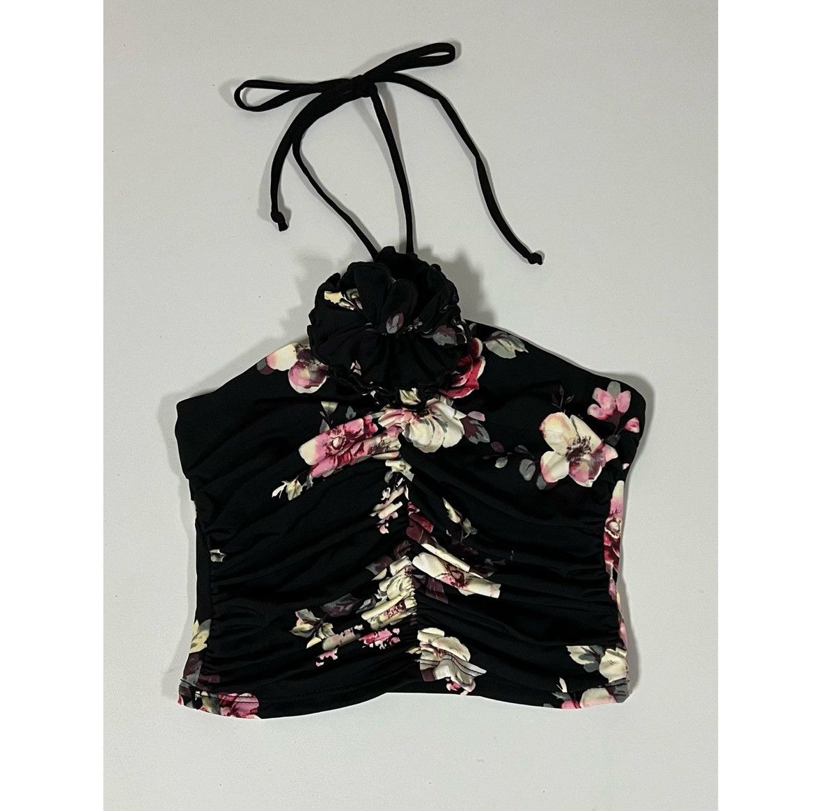 Vintage Black Flower Floral Ruched Halter Top Shirt Blouse Size S 🌸 Size S / US 4 / IT 40 - 1 Thumbnail