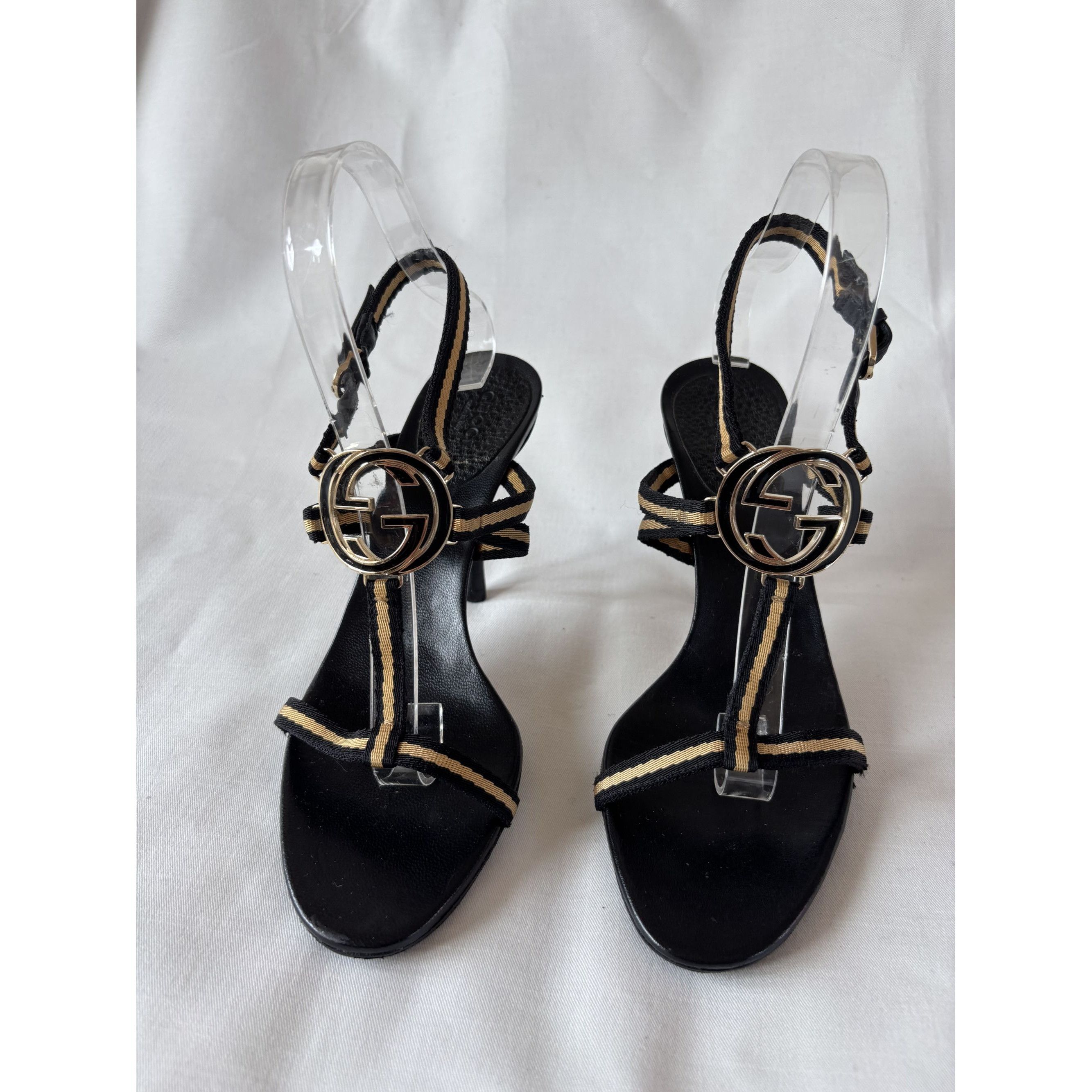Gucci Gucci heeled sandals – black leather & gold GG logo Size US 8 / IT 38 - 2 Thumbnail