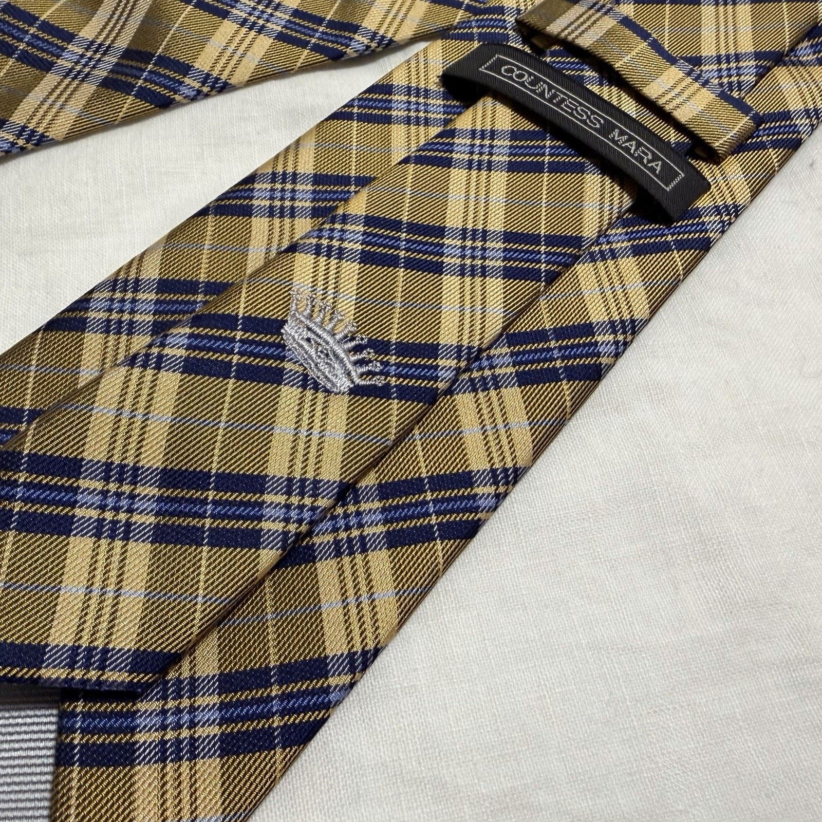 Countess Mara Countess Mara Gold/Navy Plaid Silk Tie – Crown Logo Classic Size ONE SIZE - 7 Thumbnail