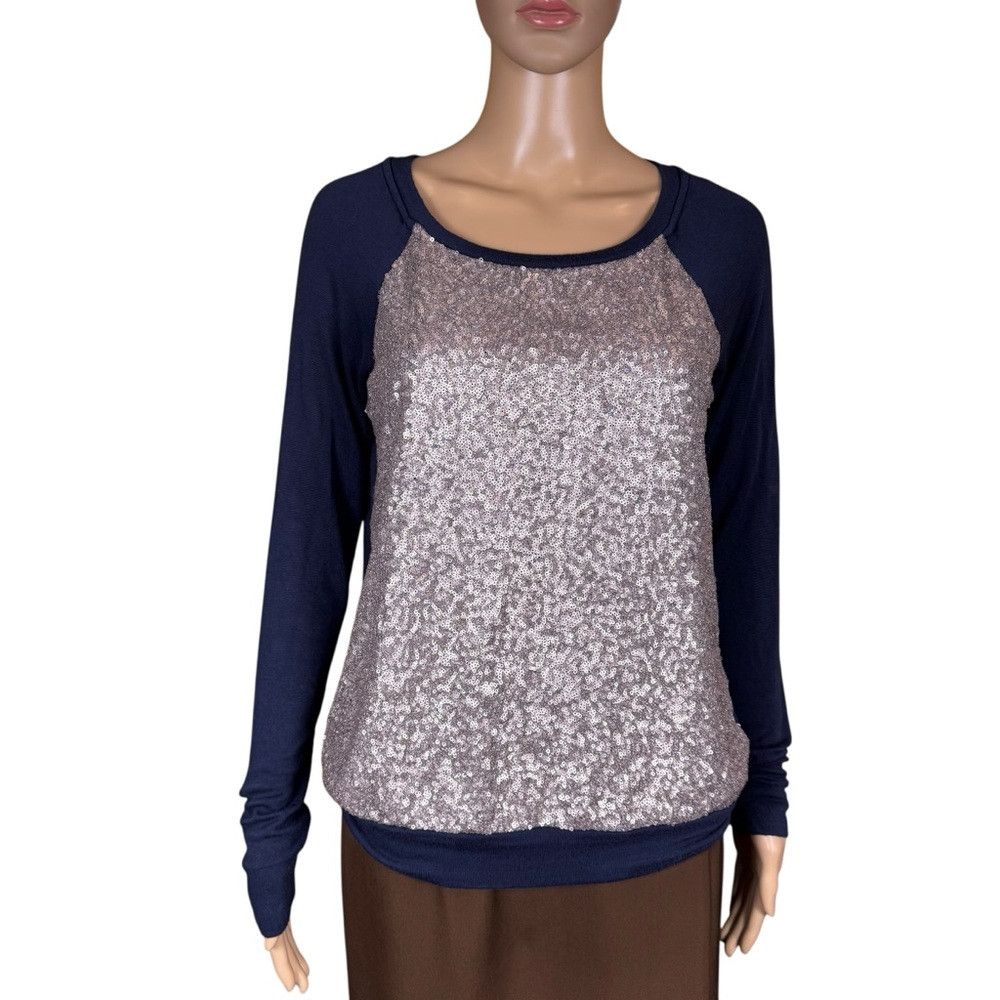Other Three Dots Long Sleeve Mix Media Sequin Blue Gold Top Size Size M / US 6-8 / IT 42-44 - 1 Thumbnail