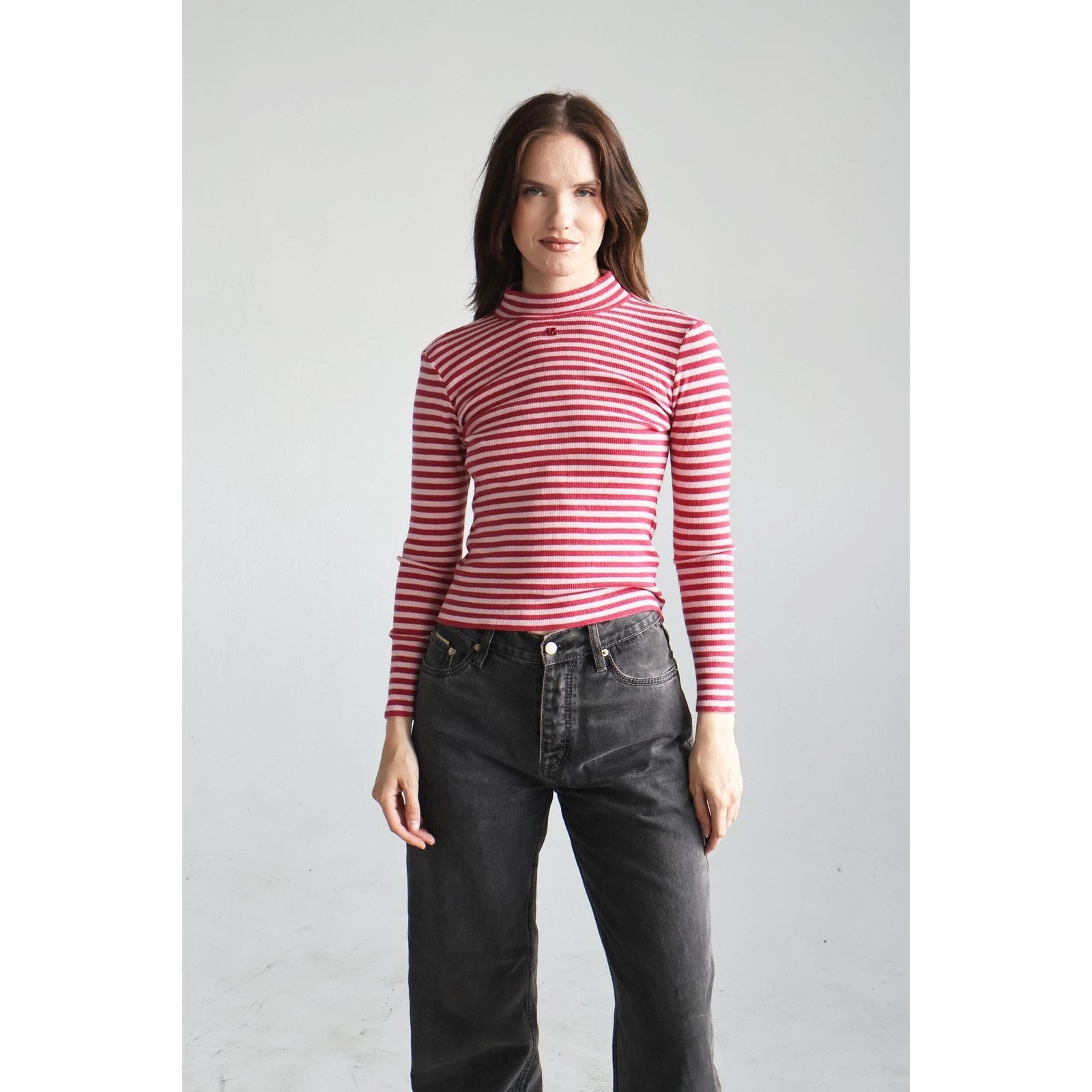Courreges Vintage Courrèges Pink + Red Ribbed Striped Mock Neck Top Size M / US 6-8 / IT 42-44 - 1 Thumbnail