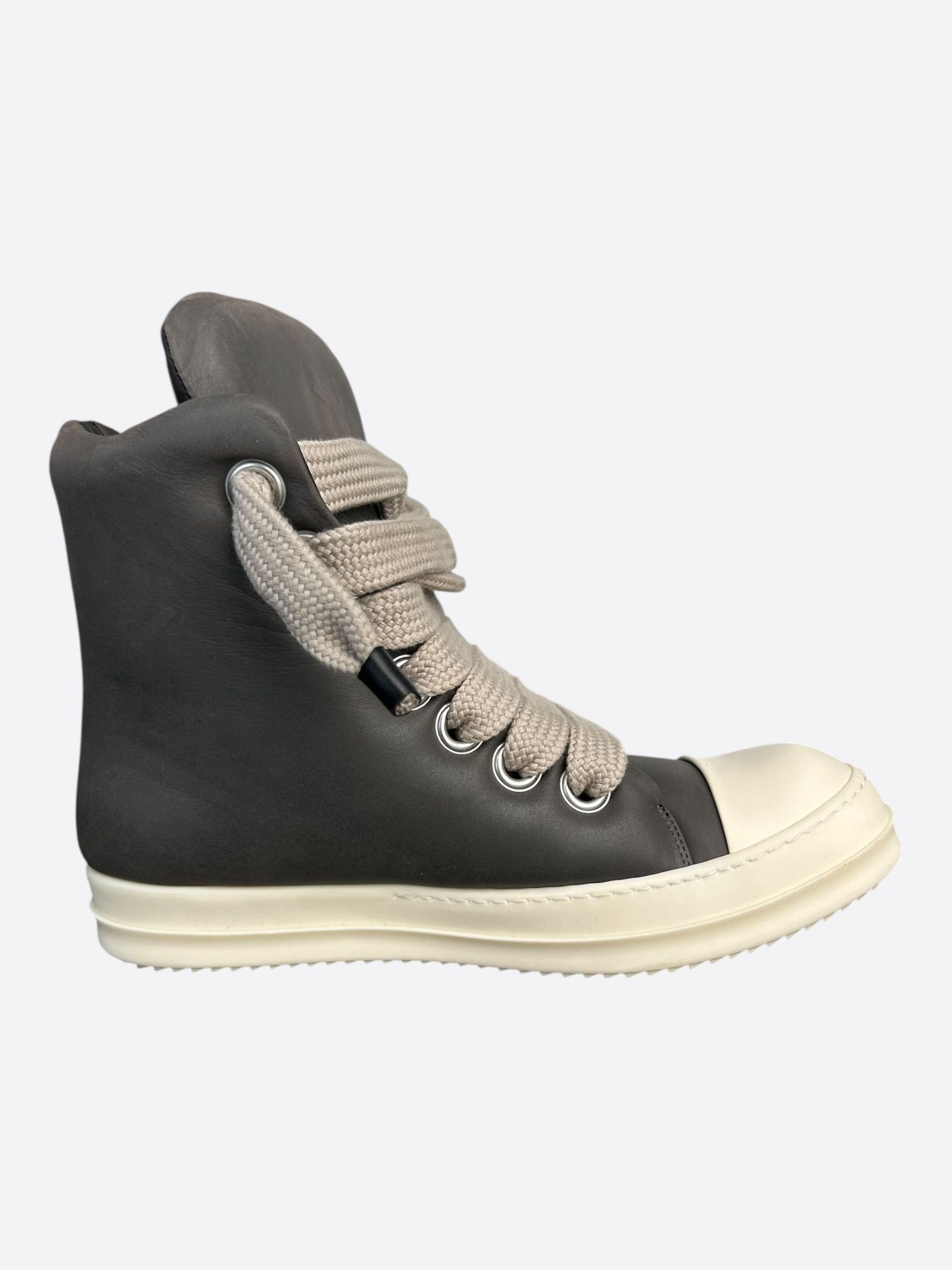 Rick Owens Grey & White Leather Jumbo Lace High Top Puffer Sneakers Size US 9 / EU 42 - 1 Thumbnail
