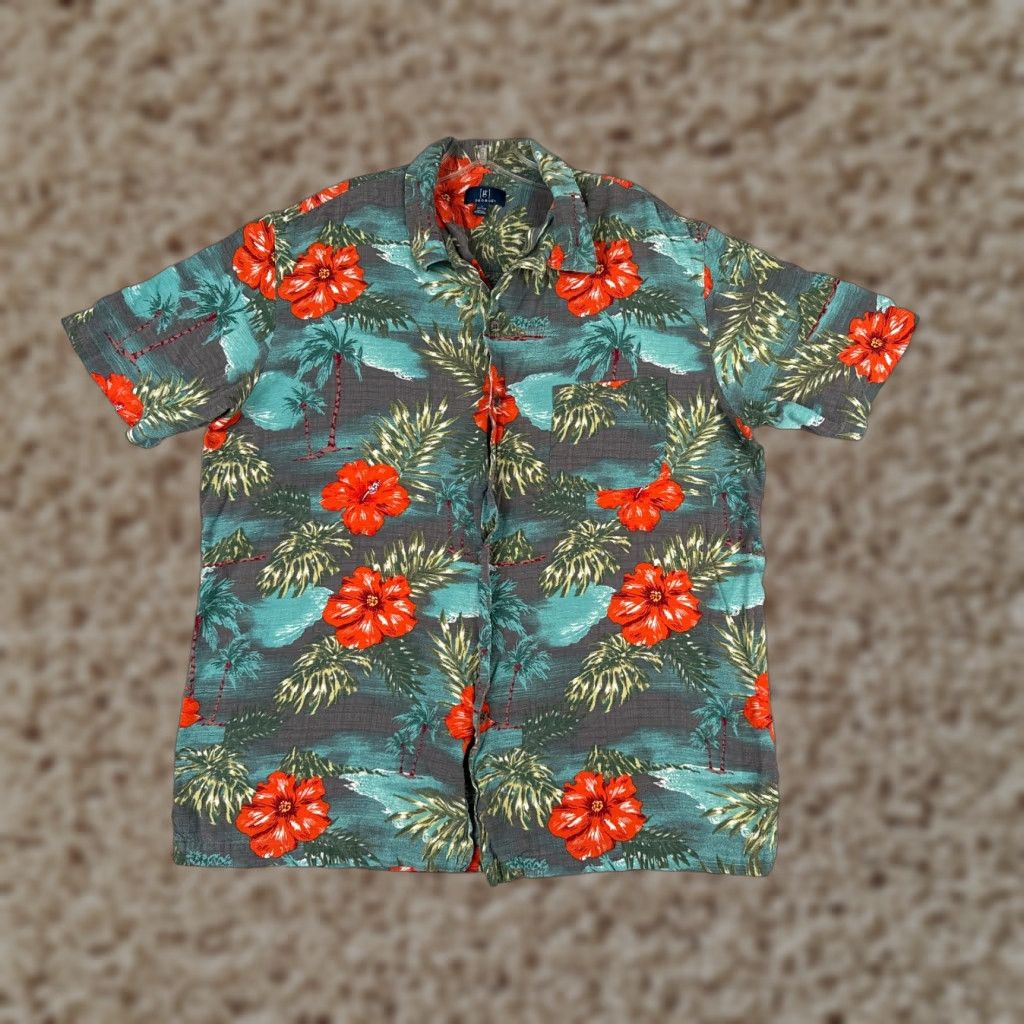 George George Button-Up Shirt Men Large Gray Blue Red Floral Palm Hawaiian 100% Rayon Read Size US L / EU 52-54 / 3 - 1 Thumbnail