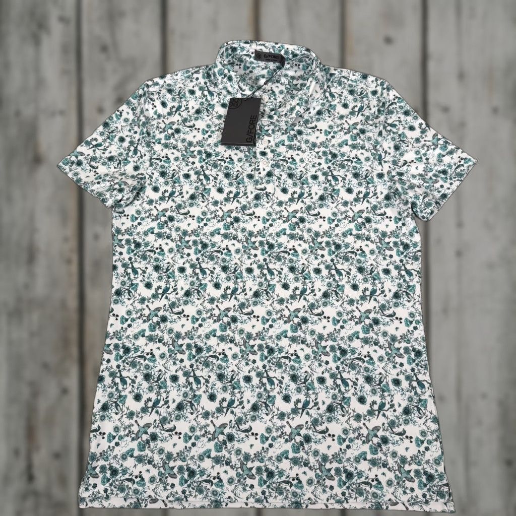 G/FORE Polo Shirt Mens Small White Green Bird Floral Print Golf Performance