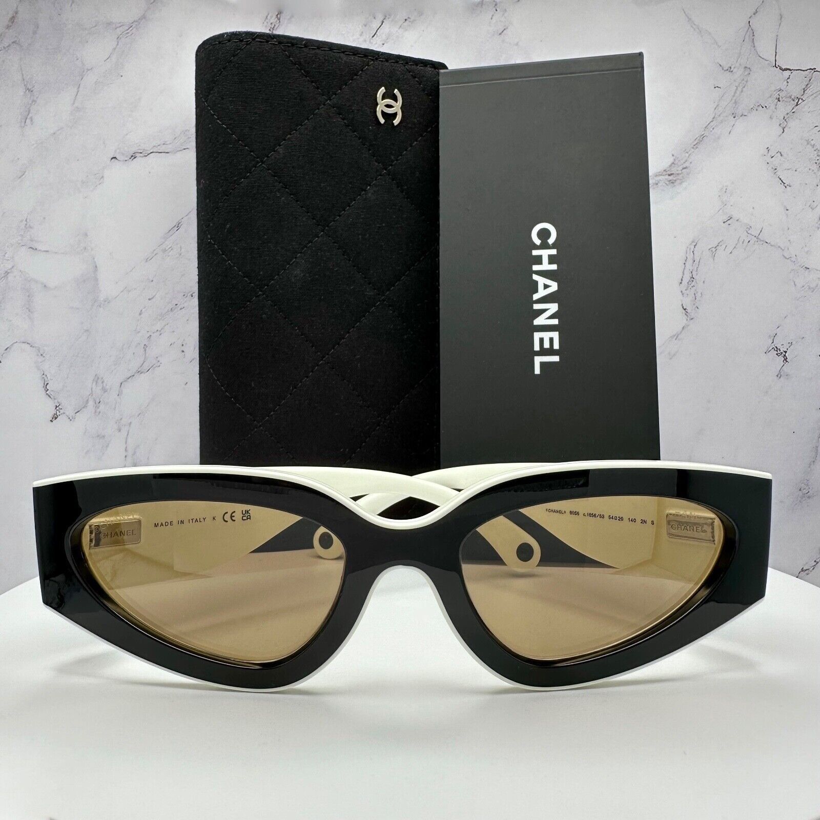 New CHANEL Black White Cat Eye Sunglasses CC Logo Authentic