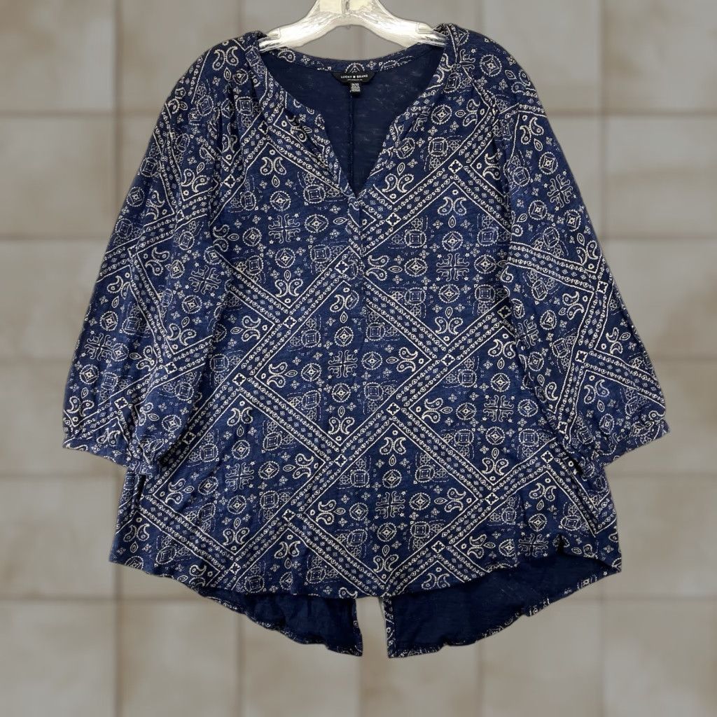 Lucky Brand Lucky Brand Women's Plus Size Blouse 1X Boho Paisley V-Neck Puff Sleeve Cotton Modal Summer Fall Spring Winter Size XL / US 12-14 / IT 48-50 - 1 Thumbnail