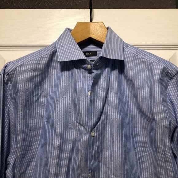 Hugo Boss Hugo boss mens blue striped cotton dress shirt size:17/32-33 Size US XL / EU 56 / 4 - 3 Thumbnail