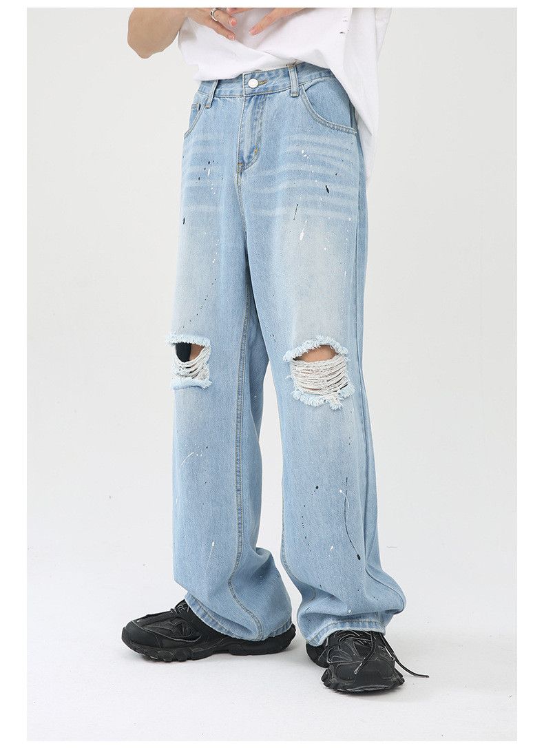 Japanese Brand Light blue ink-washed distressed wide-leg ripped jeans Size US 32 / EU 48 - 2 Thumbnail