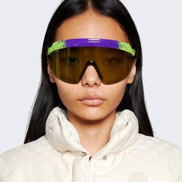 Gucci GG1477S 001 Sunglasses Violet Shaded Green Shield