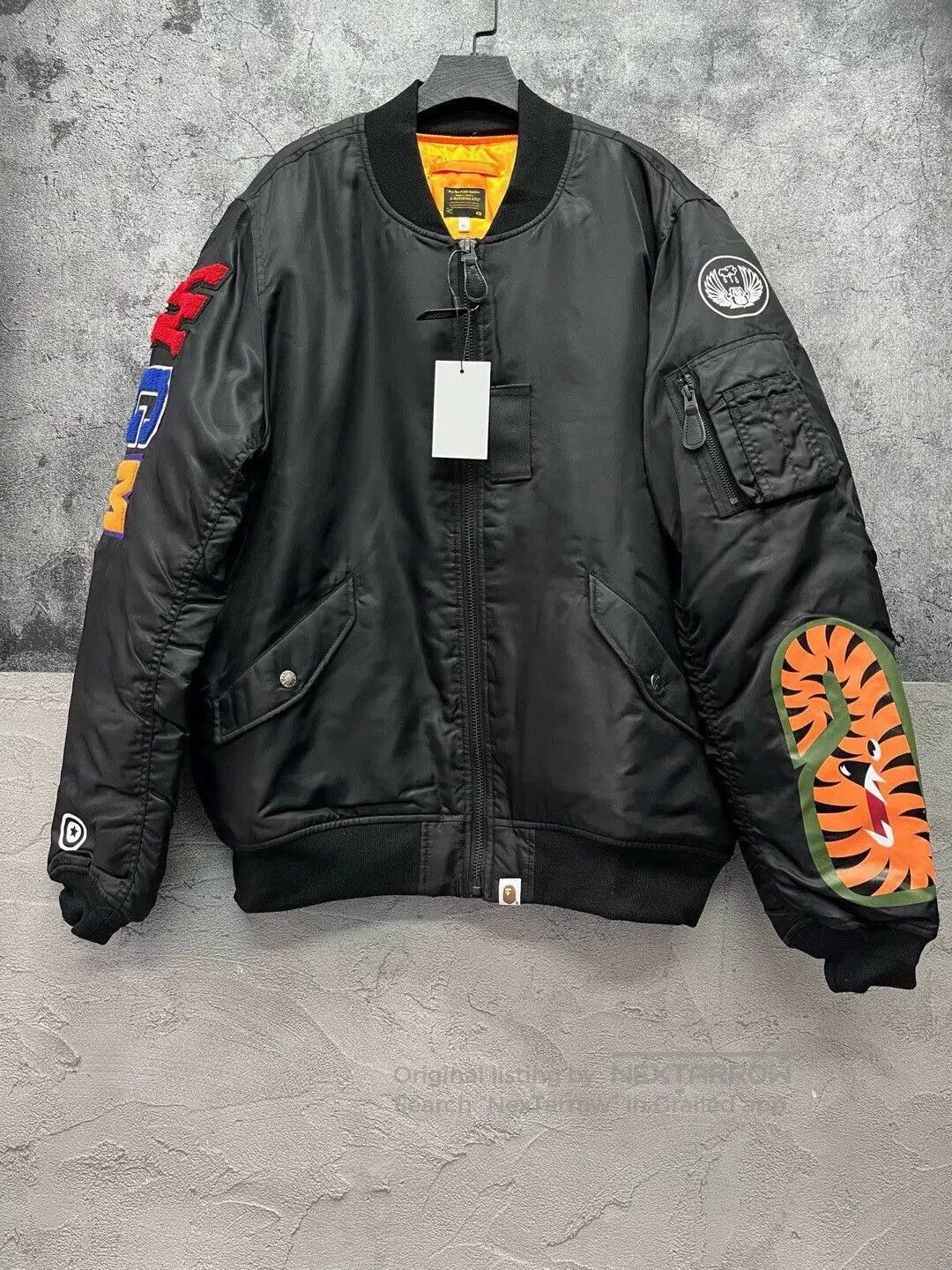 Black Bomber Jacket with Colorful Sleeve Graphics - L.