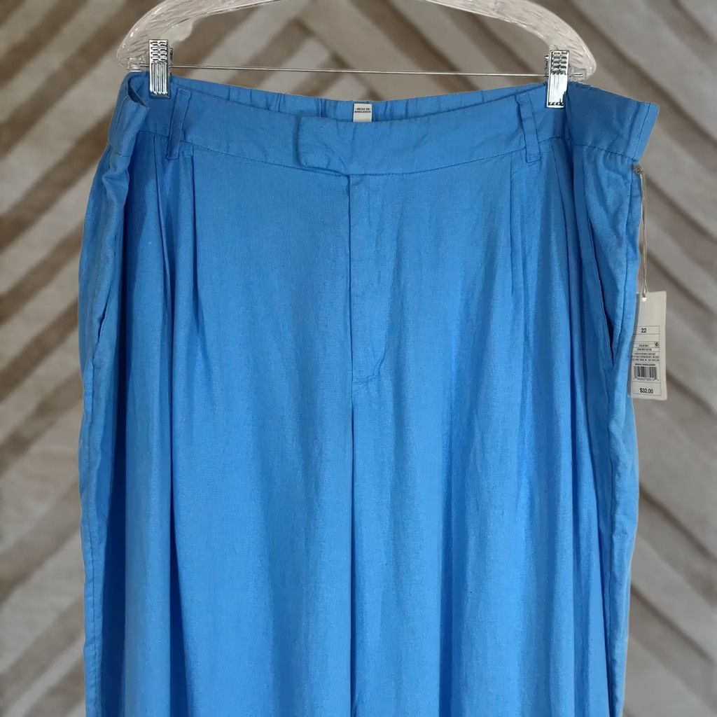 Vintage A New Day Blue Linen Blend Wide Leg Pants Womens 22 Size 22 Paperbag Pleated Elastic Waist Pockets Casual Summer Size 40" / US 18 - 1 Thumbnail