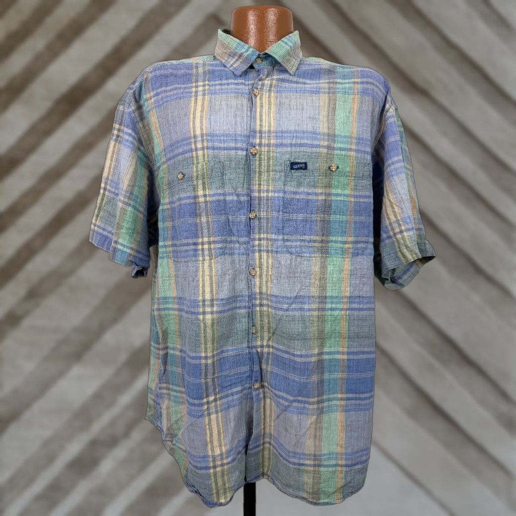 Guess VINTAGE GUESS Button-Up Shirt Men Large Blue Plaid Cotton 80s 90s Casual Work USA Size US L / EU 52-54 / 3 - 1 Thumbnail