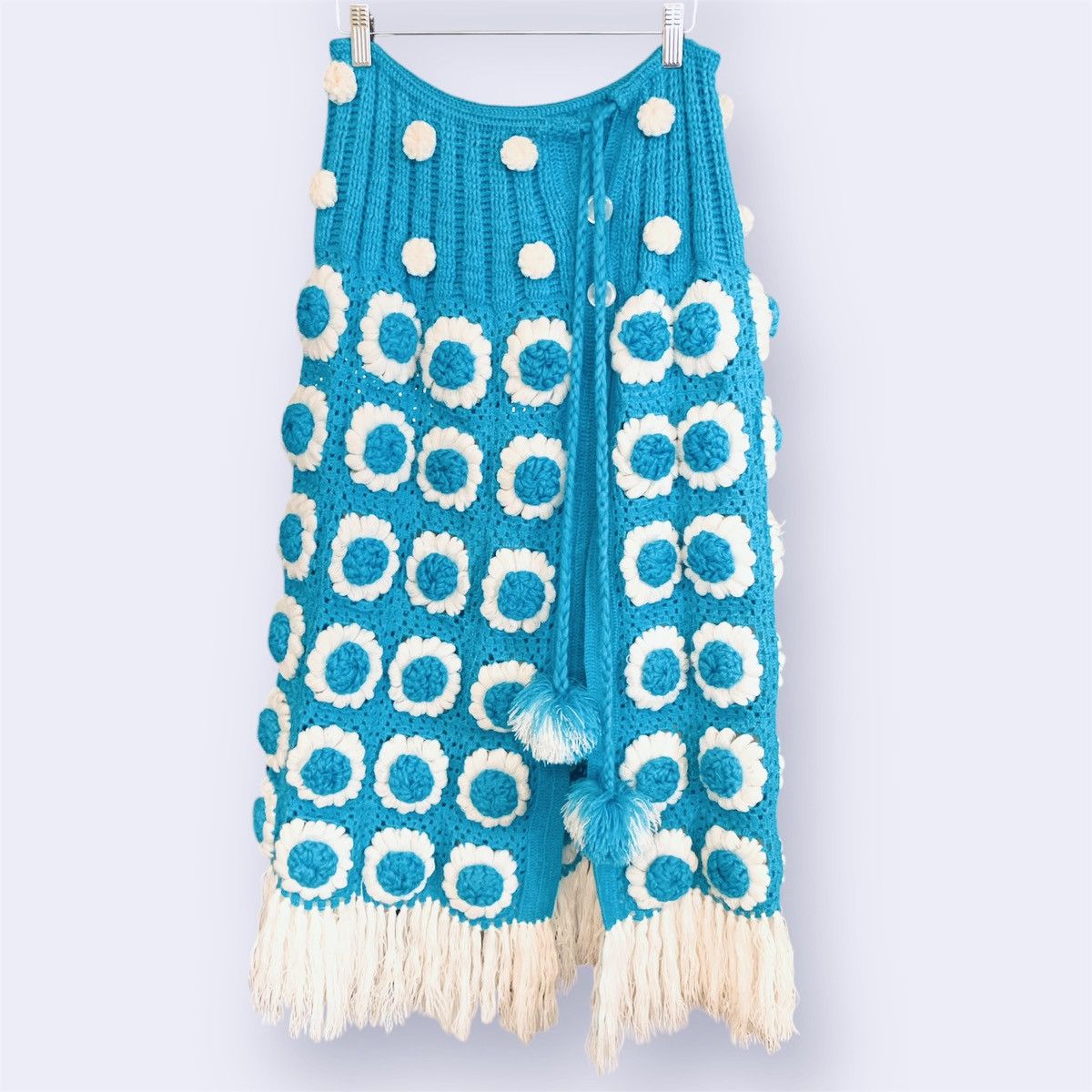 Vintage VTG Teal Blue Hand Knit Flower Power Skirt Wrap Size 28" / US 6 / IT 42 - 1 Thumbnail