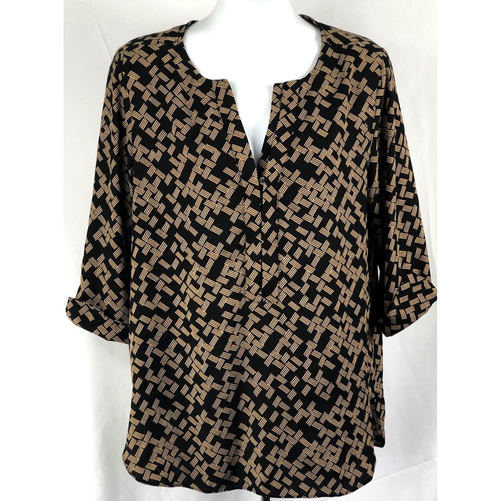 Vintage Dana Buchman Top Blouse M Blk/Gold Button V-Neck 3/4 Sleeve Geometric Career Womens Size M / US 6-8 / IT 42-44 - 6 Thumbnail