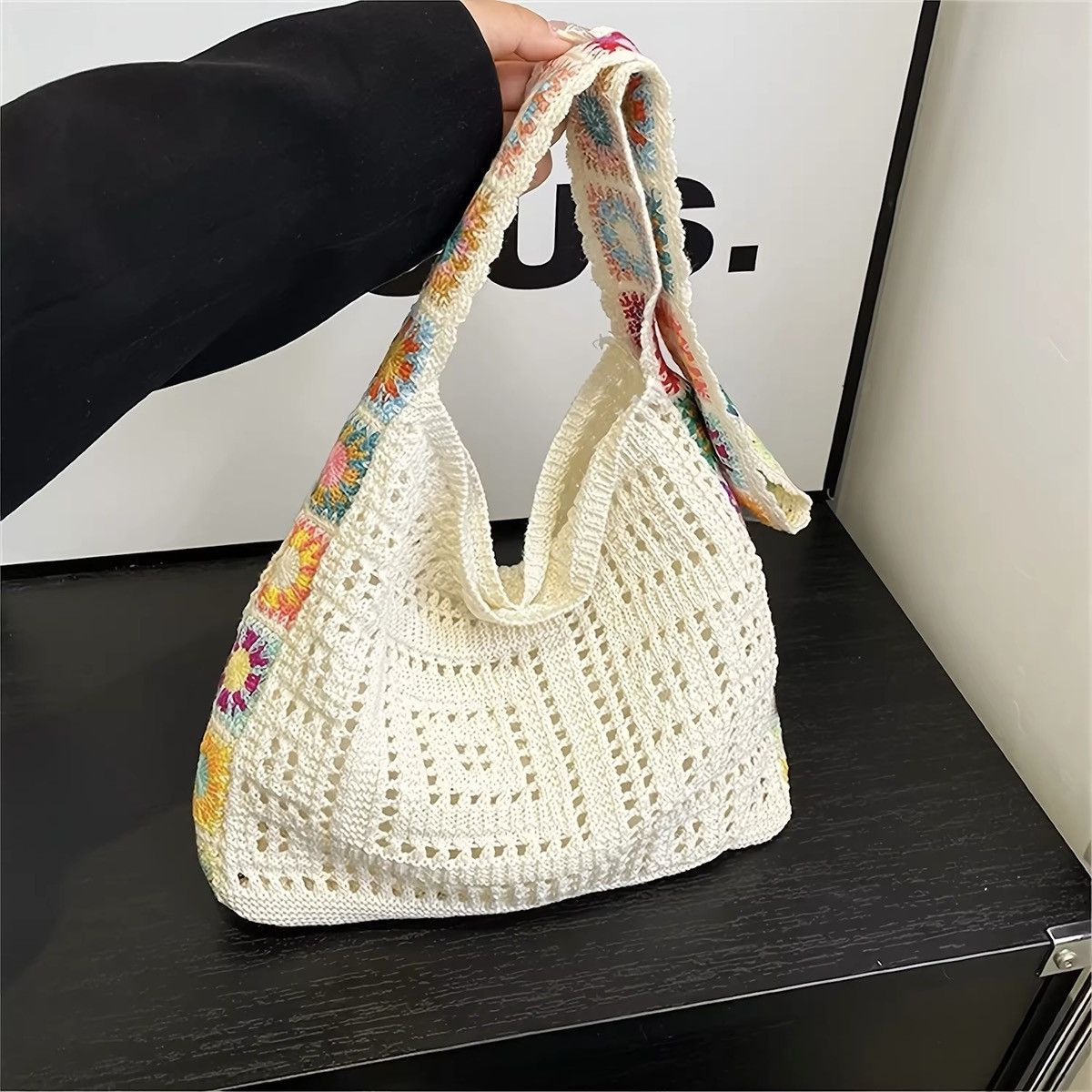 Knitted Shoulder Bag Crochet Tote Bag in Blue, Men's