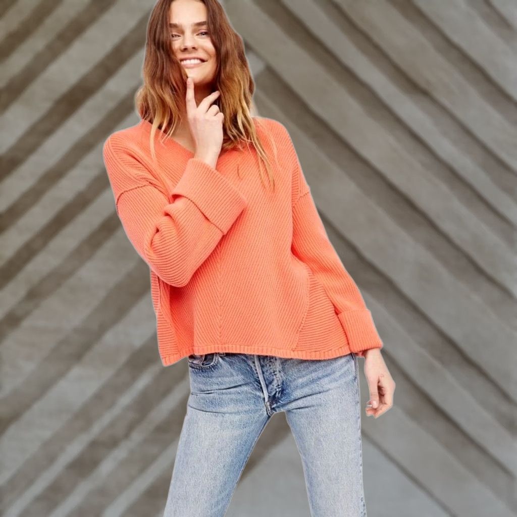 Free People Free People Womens Sweater Orange Coral La Brea V Neck Oversized Chunky Knit XS Size XS / US 0-2 / IT 36-38 - 1 Thumbnail