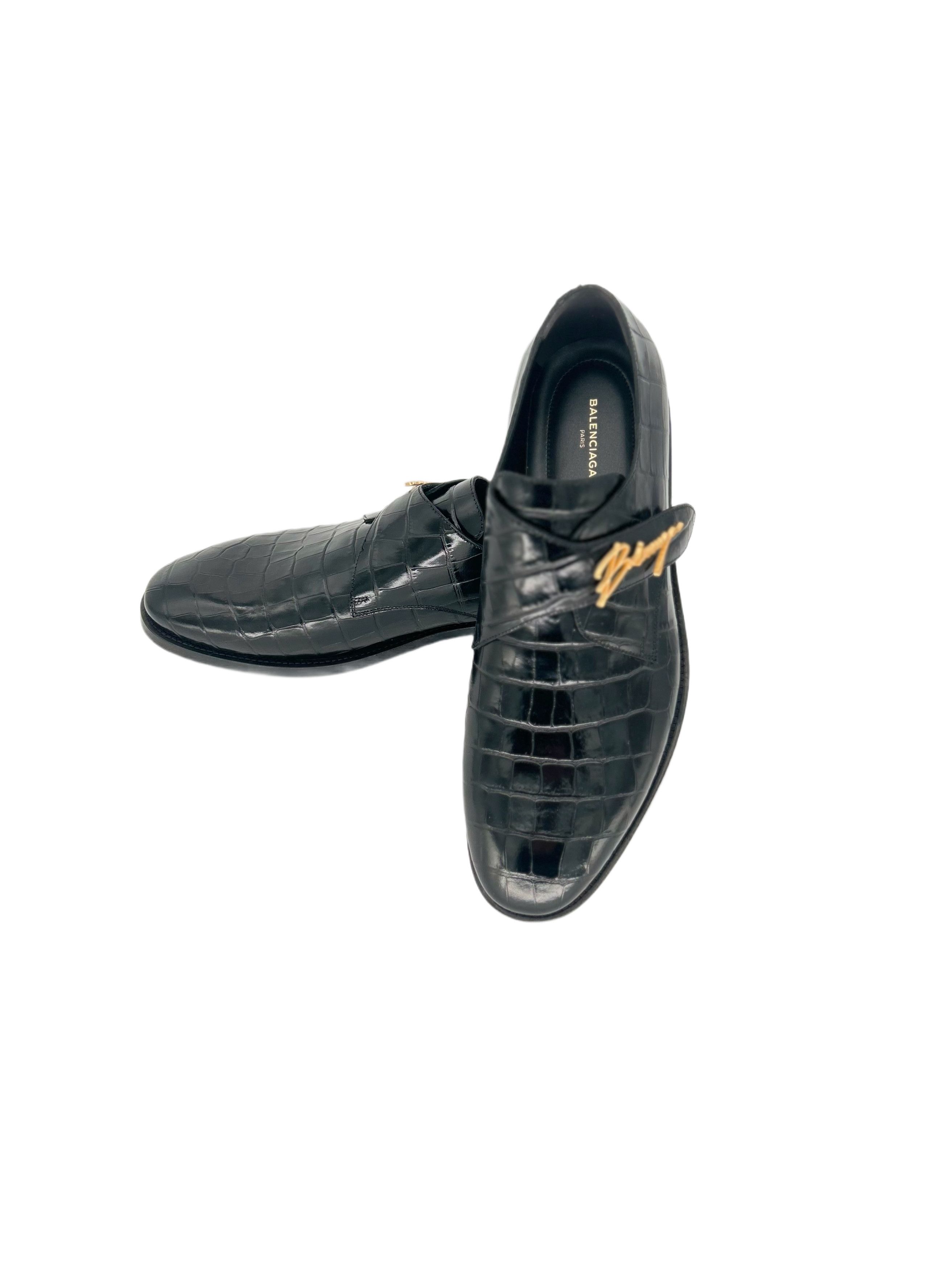 Balenciaga Black City Evening Croc Embossed Shoes Size US 7 / EU 40 - 3 Thumbnail