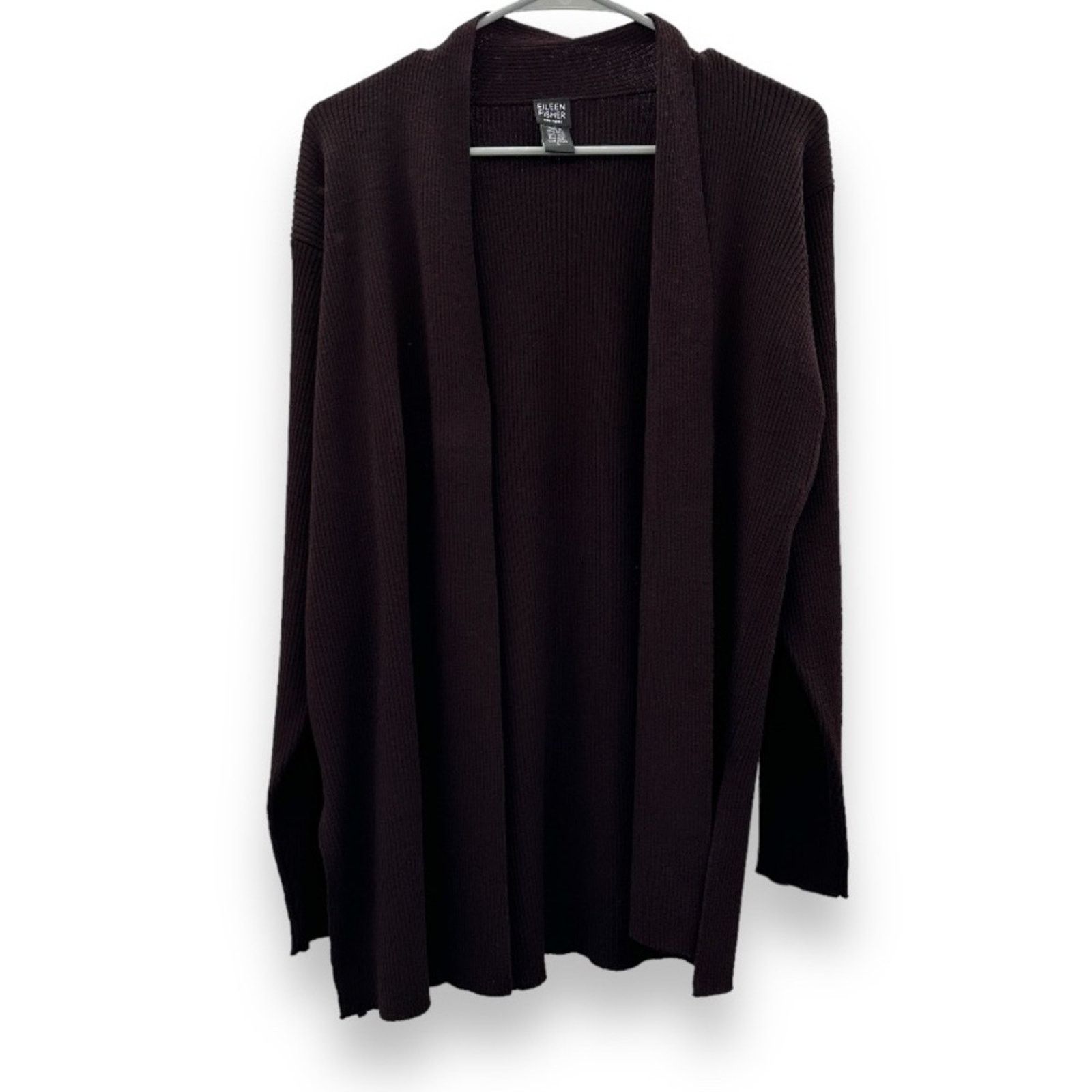 Eileen Fisher Eileen Fisher 100% Wool Dark Brown Ribbed Open Cardigan Size L / US 10 / IT 46 - 1 Thumbnail