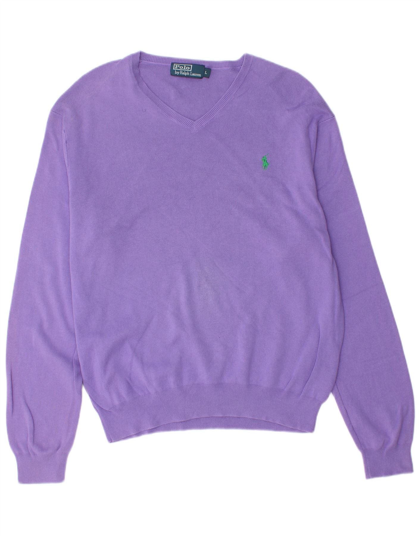 Polo Ralph Lauren Mens V-Neck Jumper Sweater Large Purple Cotton 