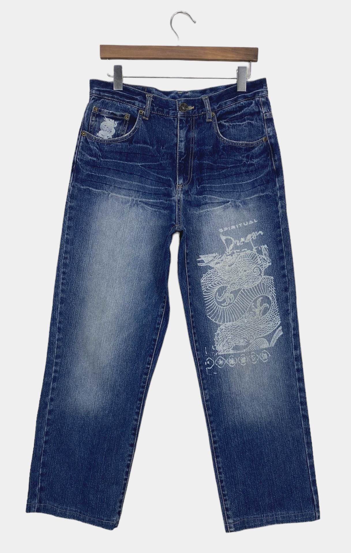 Japanese Brand × Vintage Dragon Print Jeans Japanese Traditional Sukajan Jeans Size US 31 - 1 Thumbnail