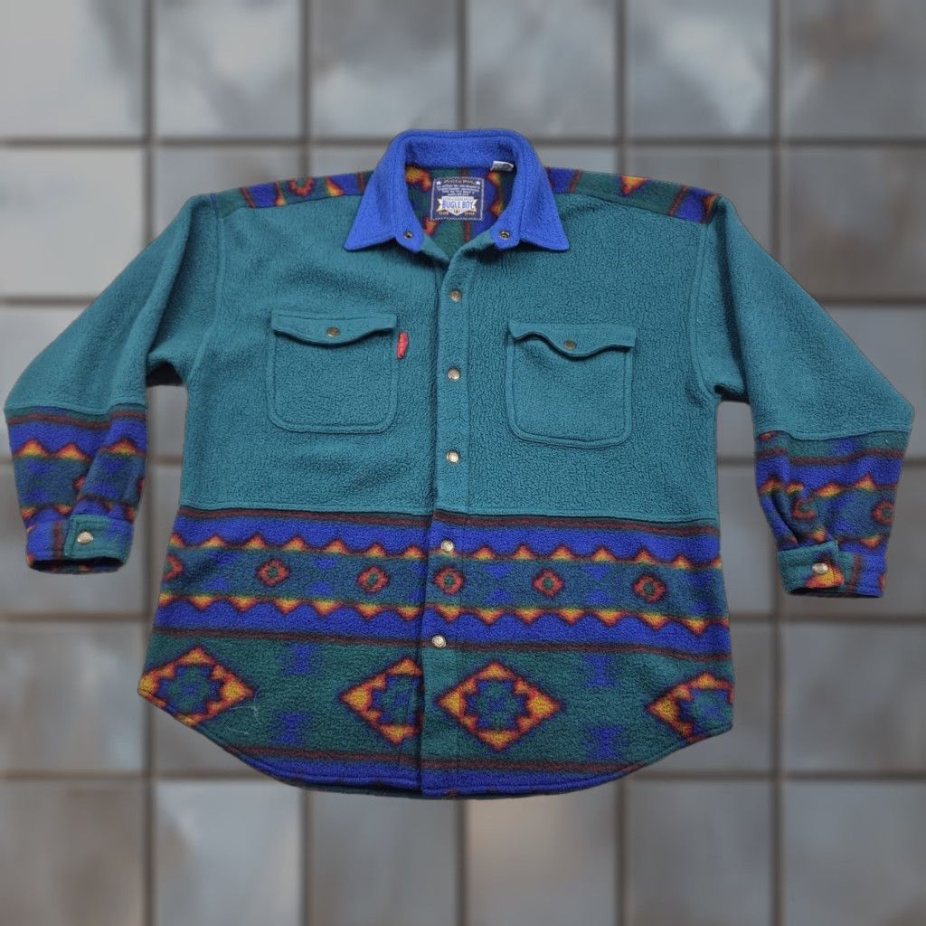 Bugle Boy VINTAGE Bugle Boy Jacket Mens Large Teal Fleece Aztec Western 90s 80s Size US L / EU 52-54 / 3 - 1 Thumbnail