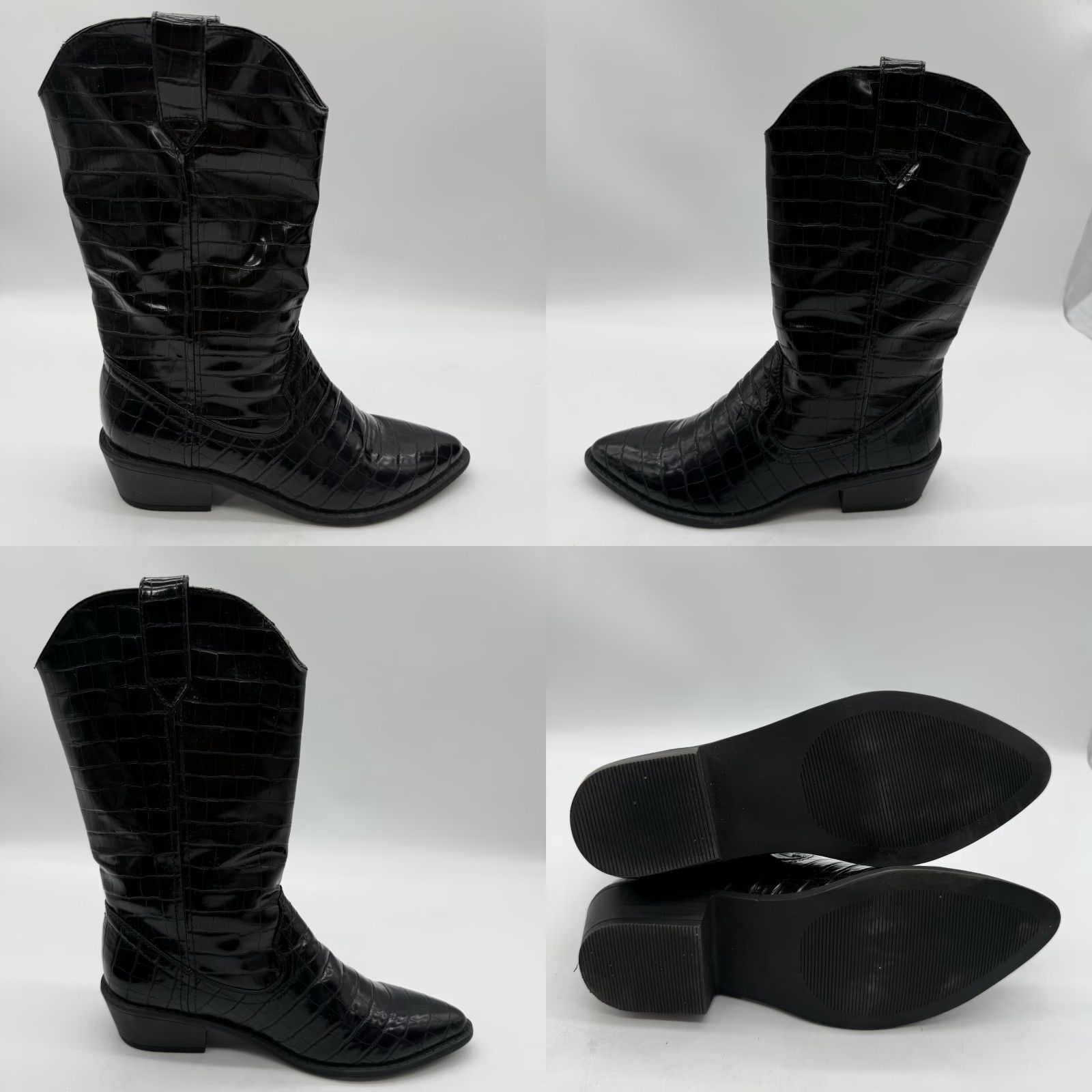Vintage Madden Girl Western Black Embossed Croc Faux Leather Boots Womens 7.5 M, Black, Lace-Up Zip, Comfort, Lightweight, Faux Leather, Vintage, 90s? Size US 8 / IT 38 - 8 Thumbnail