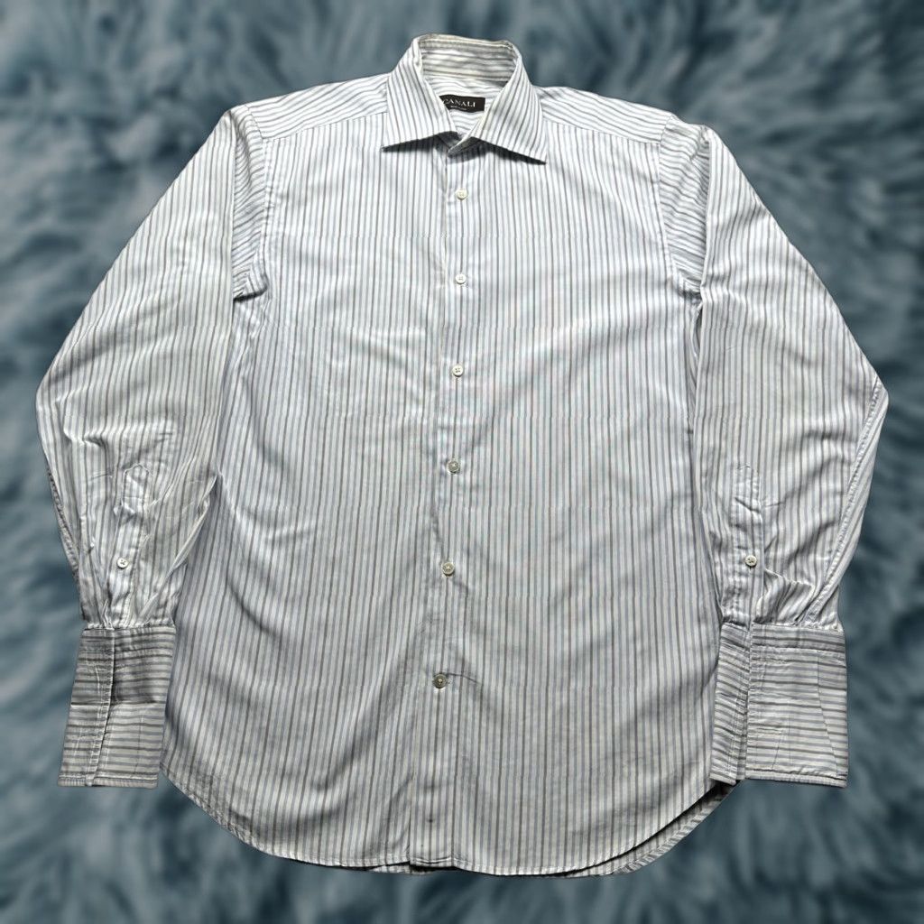 Canali Canali Blue White Striped Button Dress Shirt Men Medium 38 15 Italy French Cuffs Shirt Size 40R - 1 Thumbnail