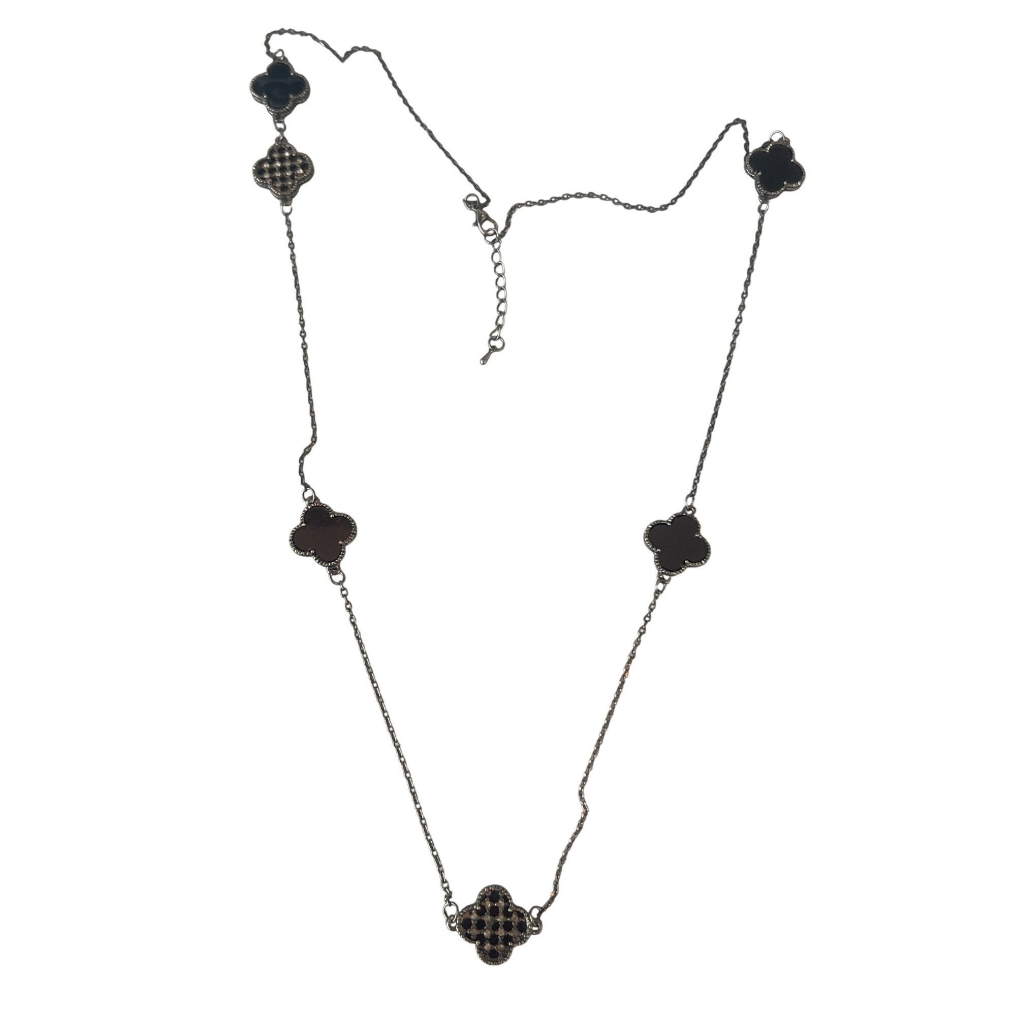 Other Gunmetal Black Long Chain Necklace Clover Leaf Stations Blac Size ONE SIZE - 3 Thumbnail