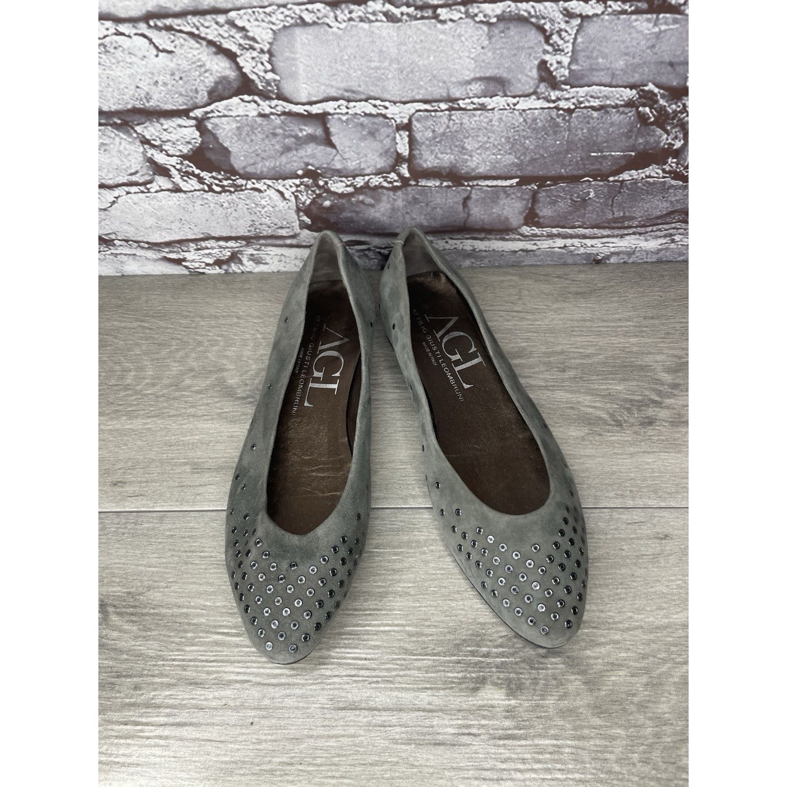 AGLINI AGL Grommet Gray Suede Leather Studded Pointed Toe Flats Wom Size US 7.5 / IT 37.5 - 2 Thumbnail