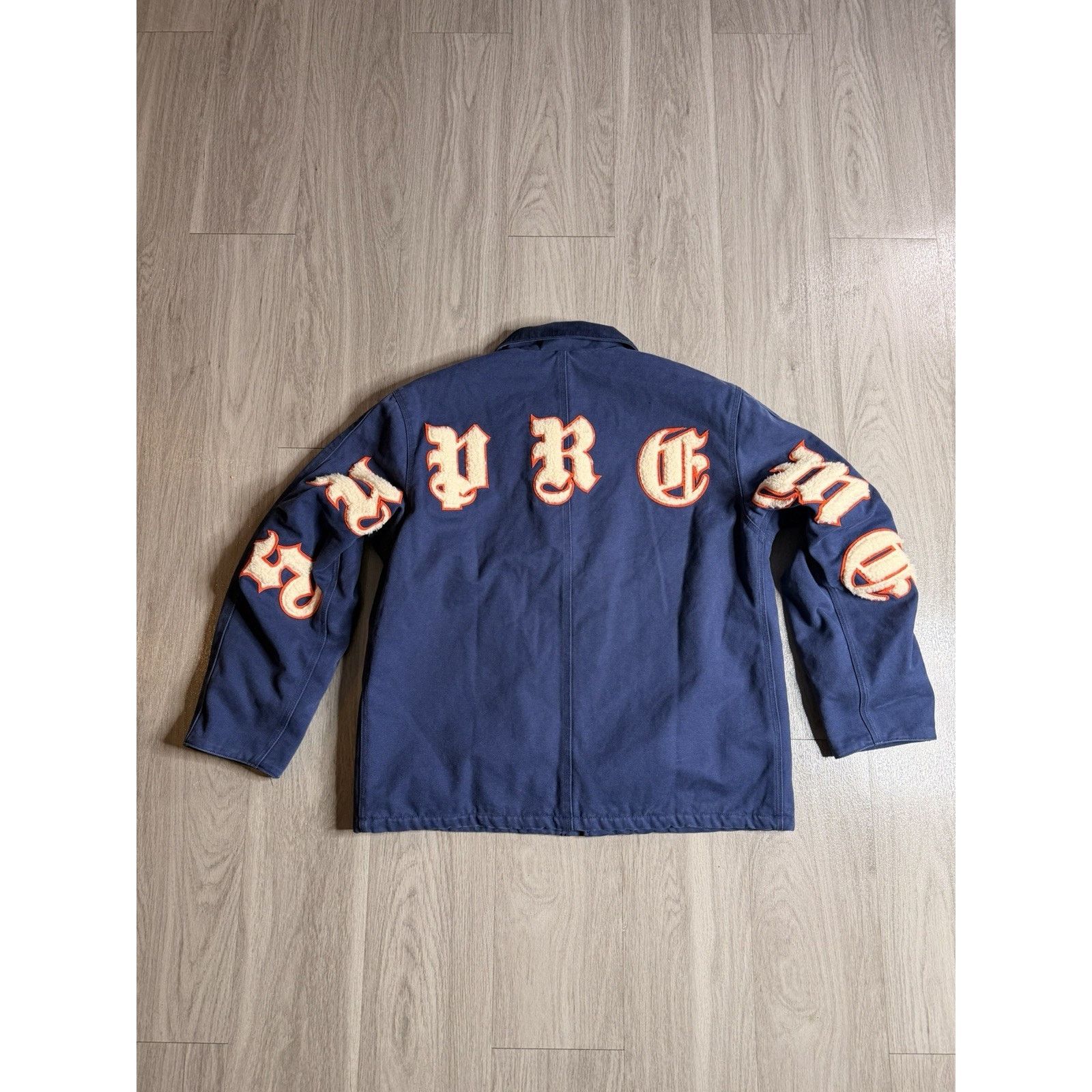 Supreme Supreme Old English Canvas Work Jacket Navy | Grailed