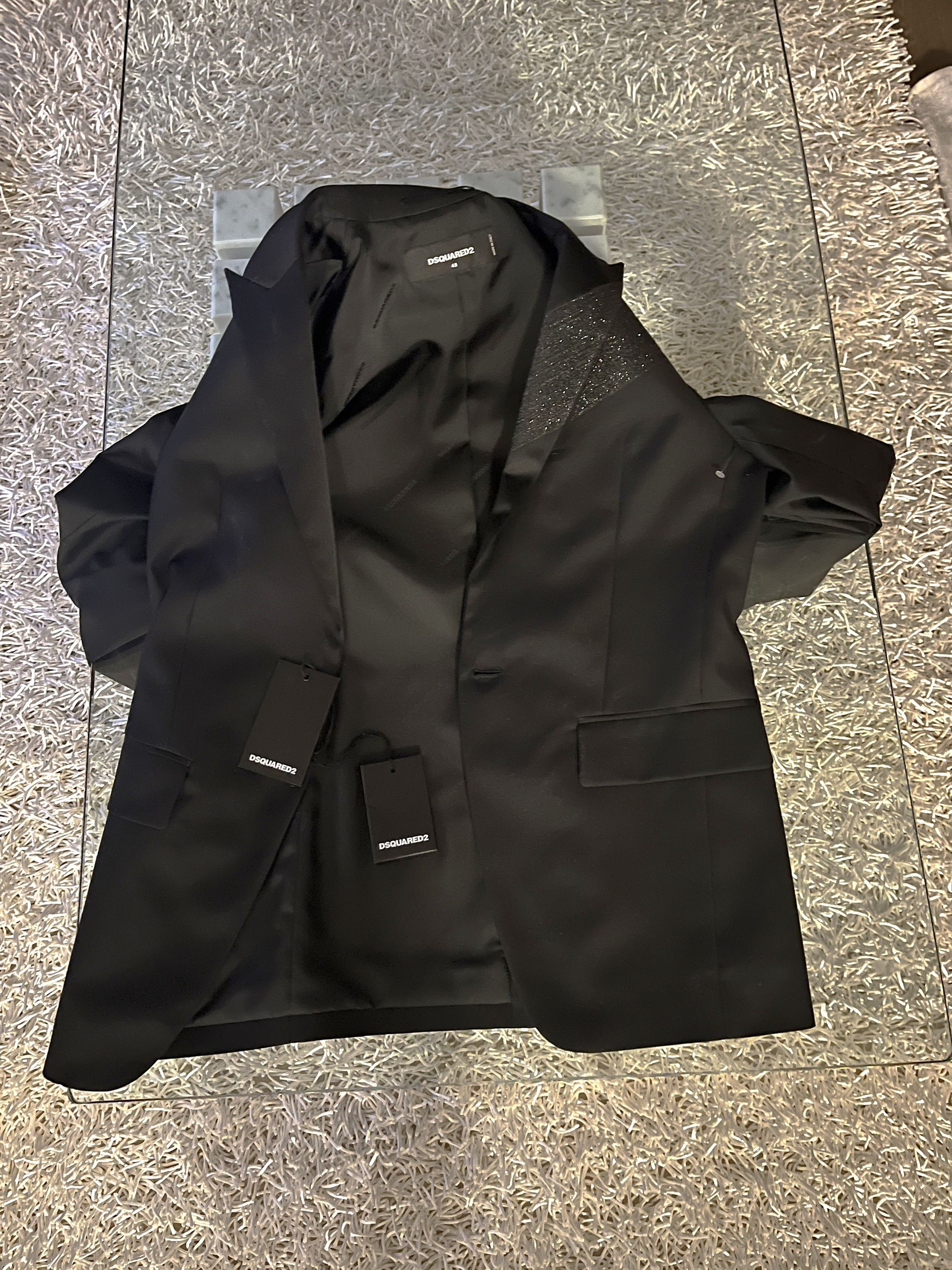 DSQUARED2 Size 38 Black Glitter Wool Silk Peak Lapel Coat