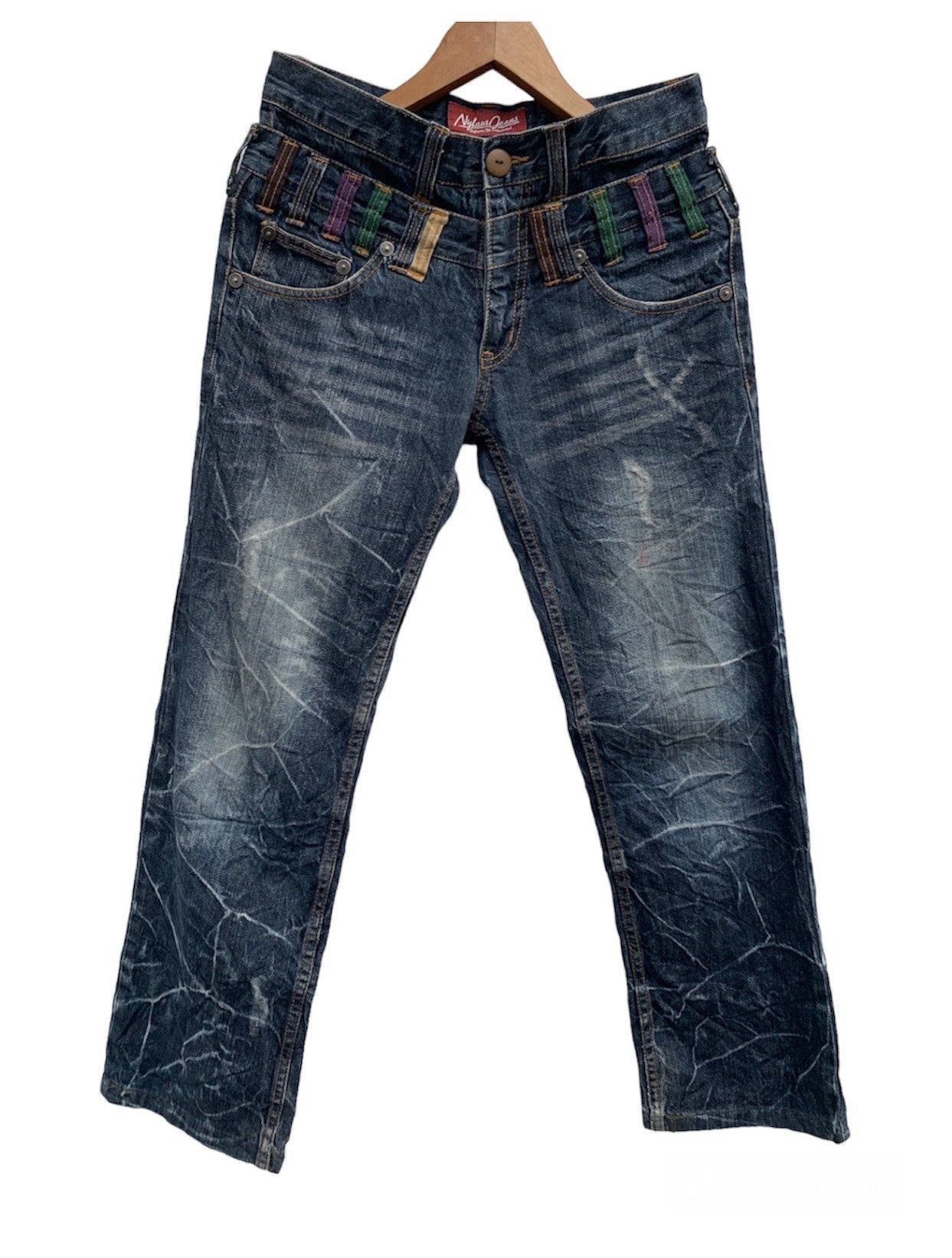 image of Avant Garde x Distressed Denim Vintage Double Waisted Nylaus Japan Streetwear Denim Jeans in Blue (