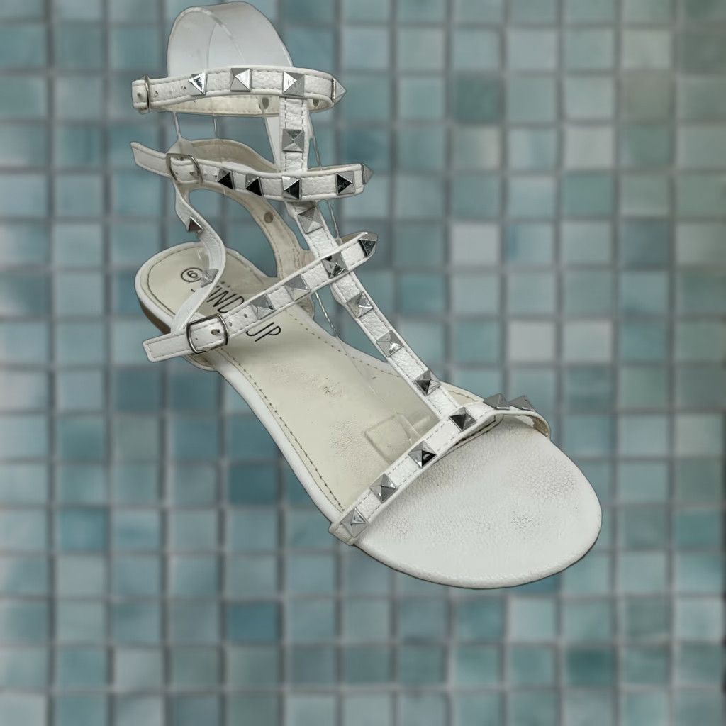 Vintage Sandalup Womens Ankle Buckle Straps Studded White Flat Sandals - Size 6 - Strappy Leather Sandal, Party/Cocktail, Womens, US 6 Size US 6 / IT 36 - 1 Thumbnail