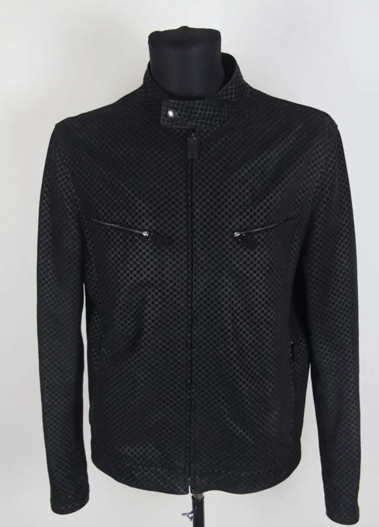 image of Gucci By Tom Ford Leather Biker Monogram Zip Detail Jacket in Black, Men's (Size Medium)