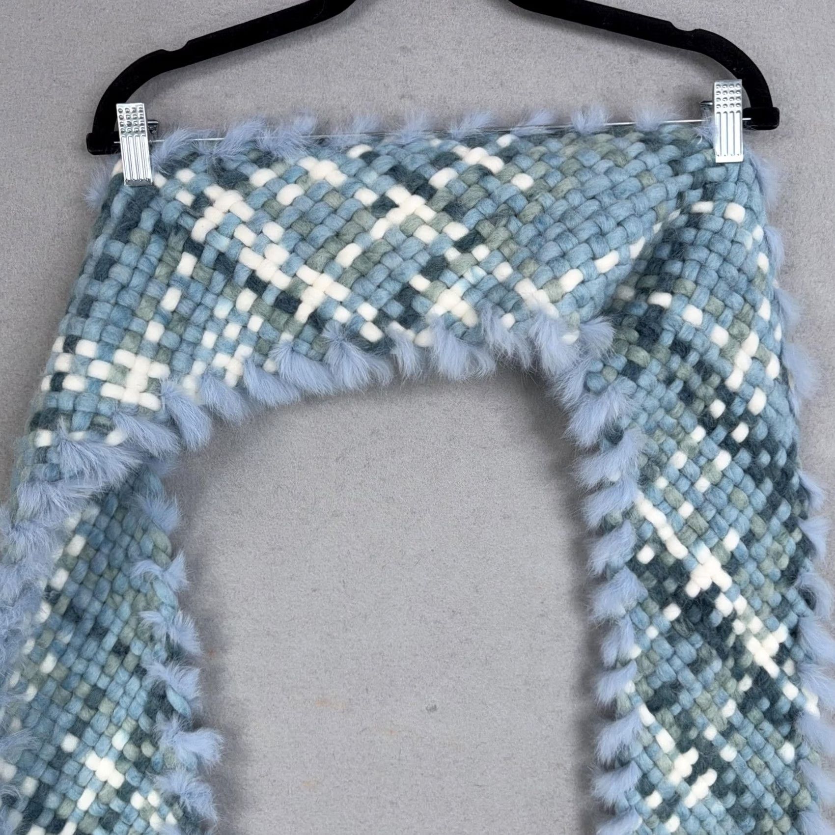 Vintage Wool Rabbit Fur Scarf Womens One Size Blue Plaid Chunky Knit Fringe Winter Cozy Size ONE SIZE - 6 Thumbnail